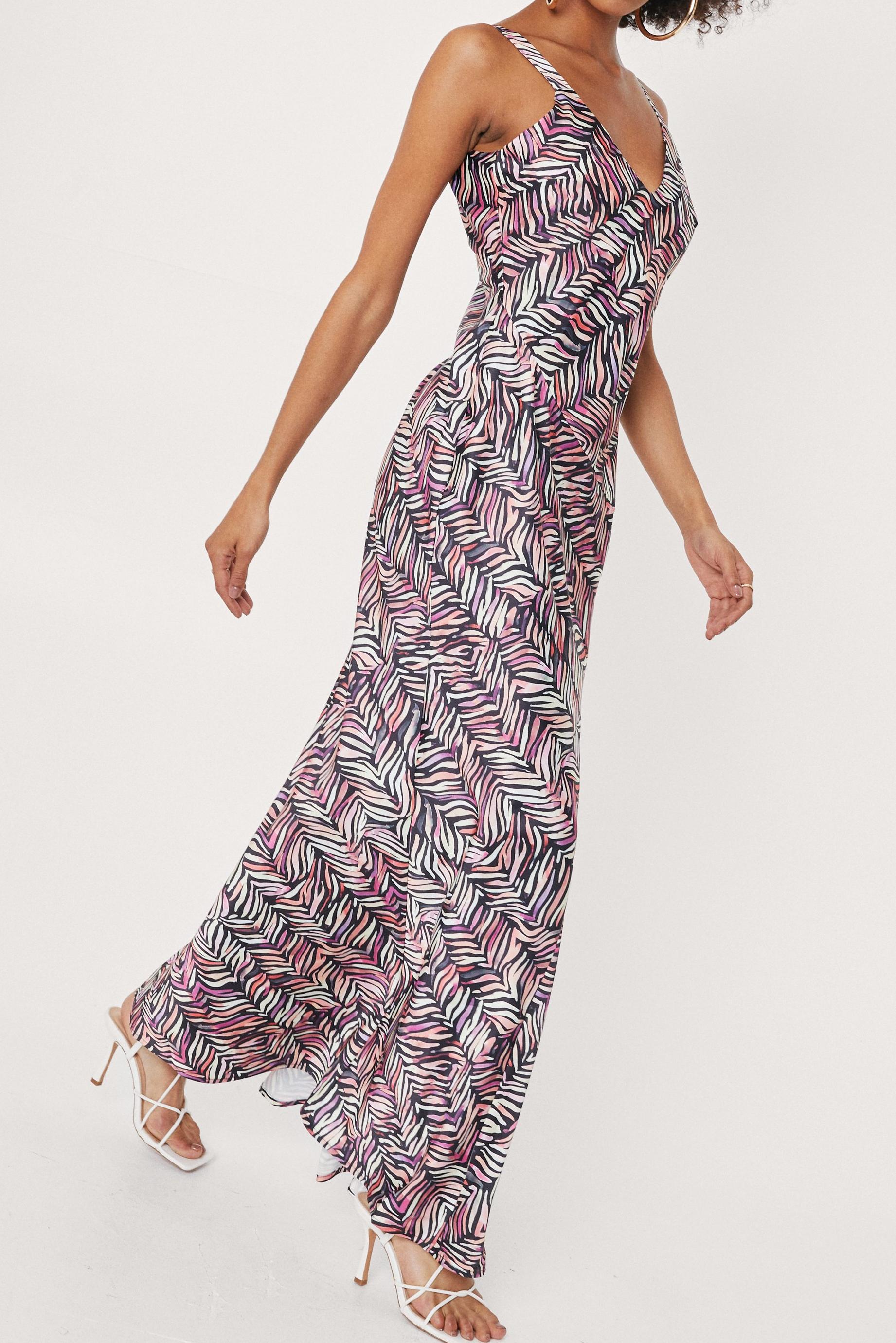 Abstract Print Satin Maxi Slip Dress