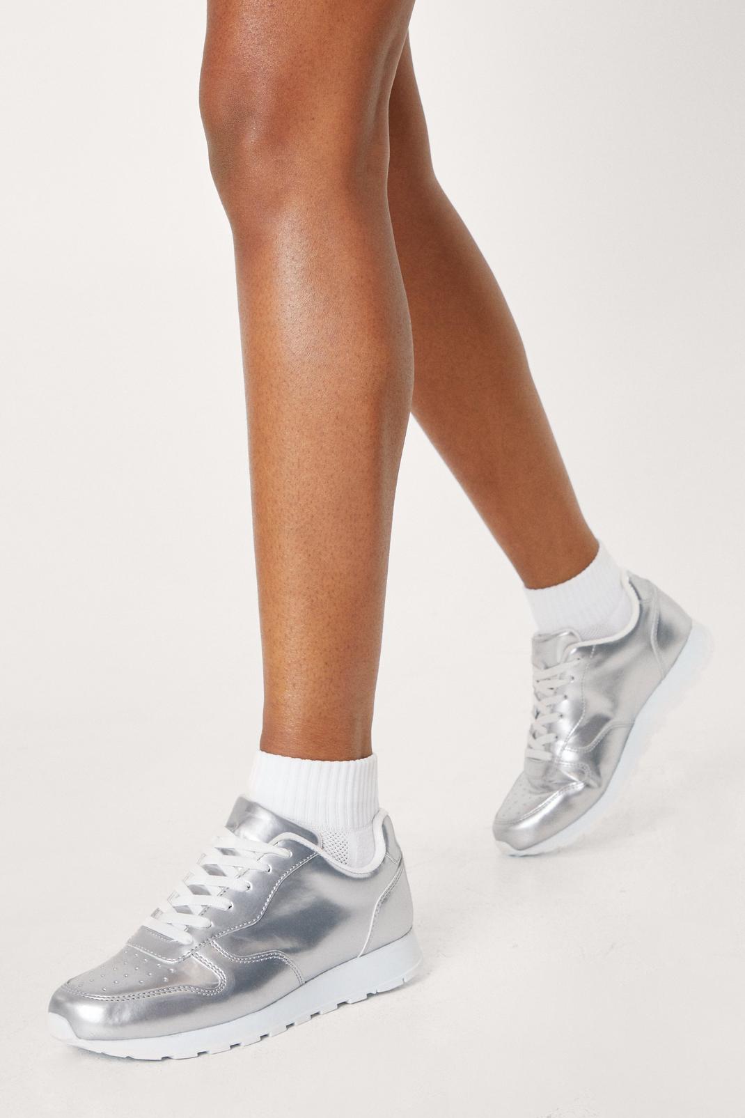 Silver Metallic Faux Leather Lace Up Sneakers image number 1
