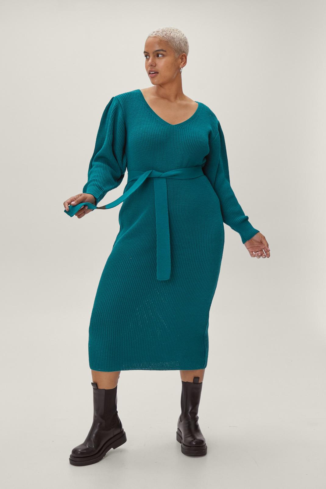 Teal Plus Size Belted Knitted Midi Dress image number 1