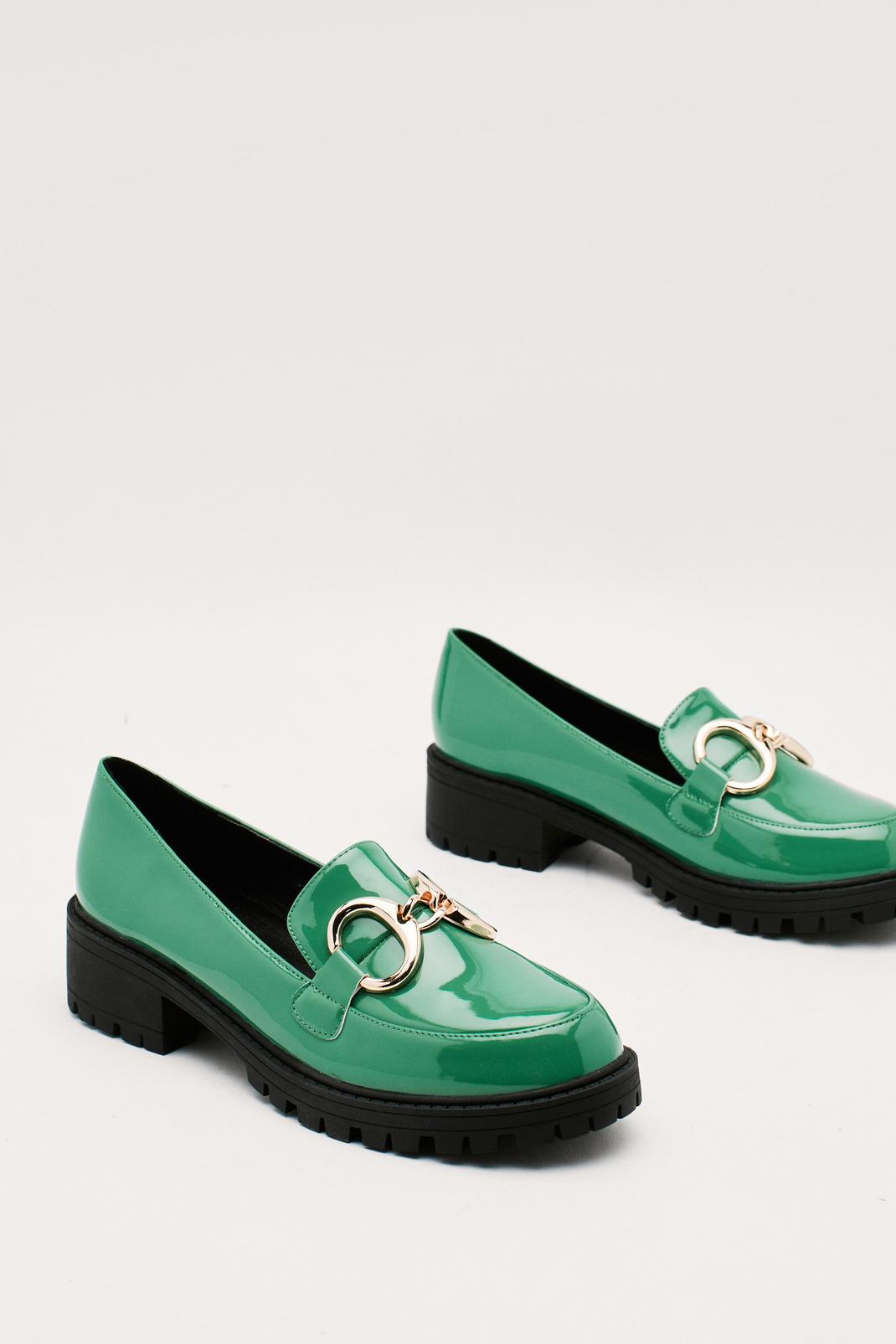 Green Patent Faux Leather Chunky Buckle Loafers image number 1