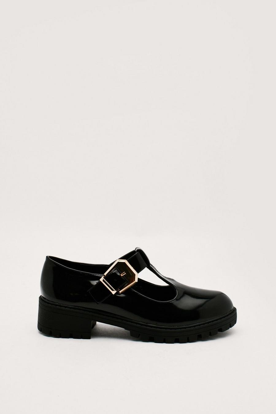 Patent Faux Leather Chunky T Bar Flat Shoes