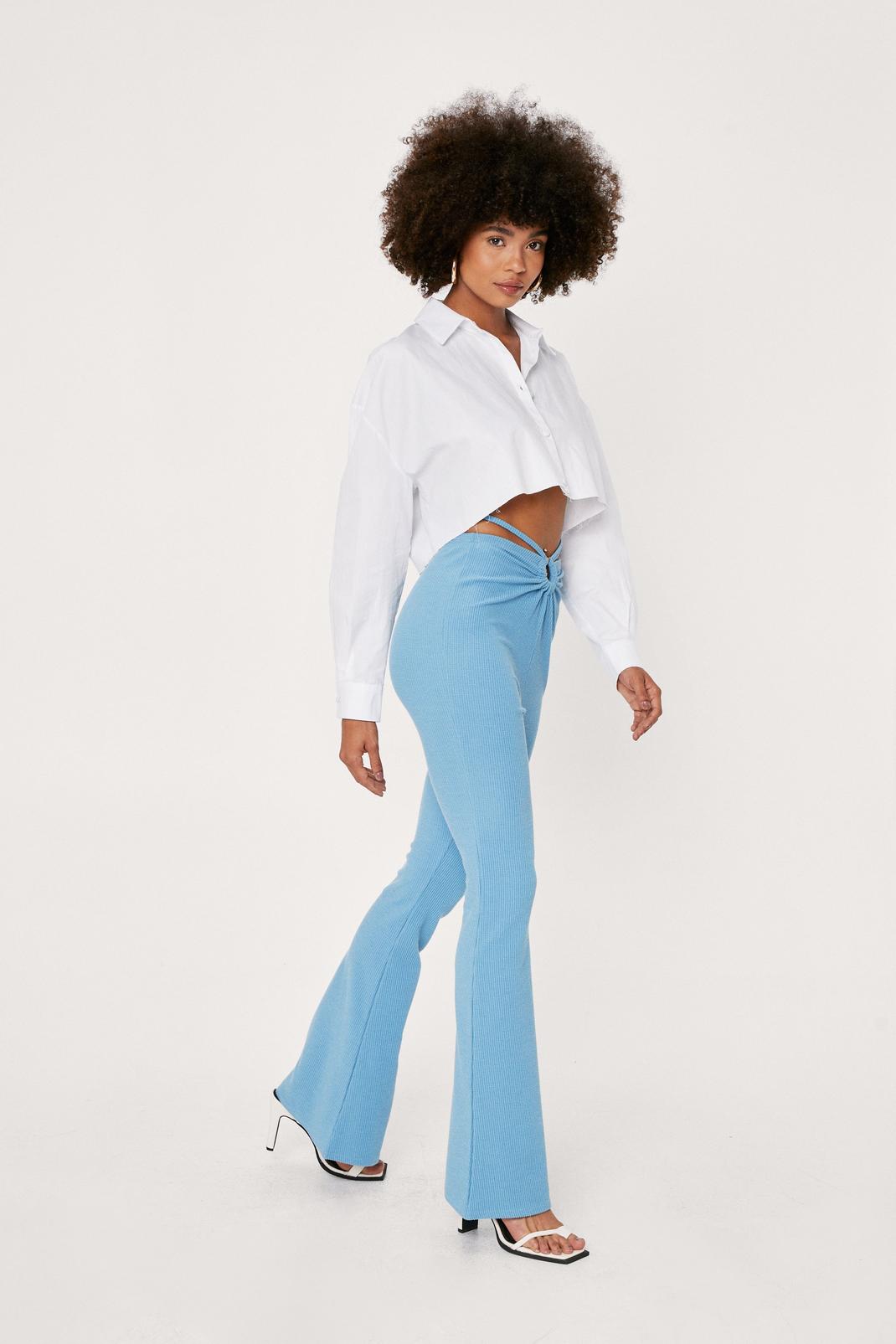 Blue Ribbed Ring Detail Flared Pants image number 1