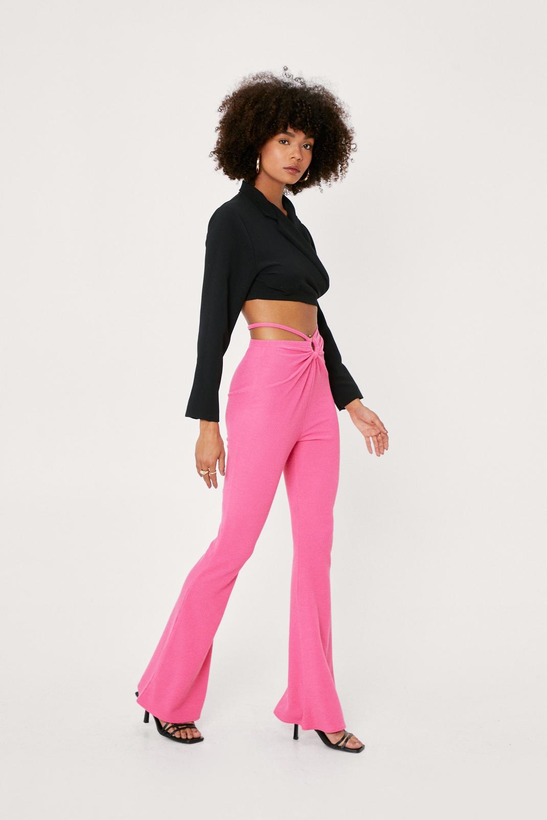 Hot pink Ribbed Ring Detail Flared Trousers image number 1