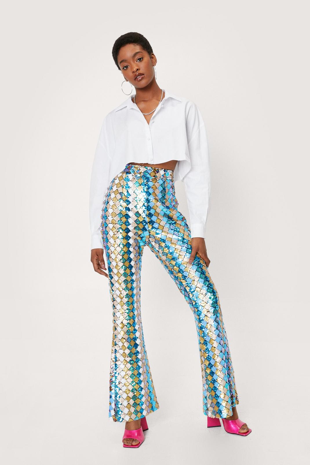 Turquoise High Waisted Sequin Detail Flare Pants image number 1