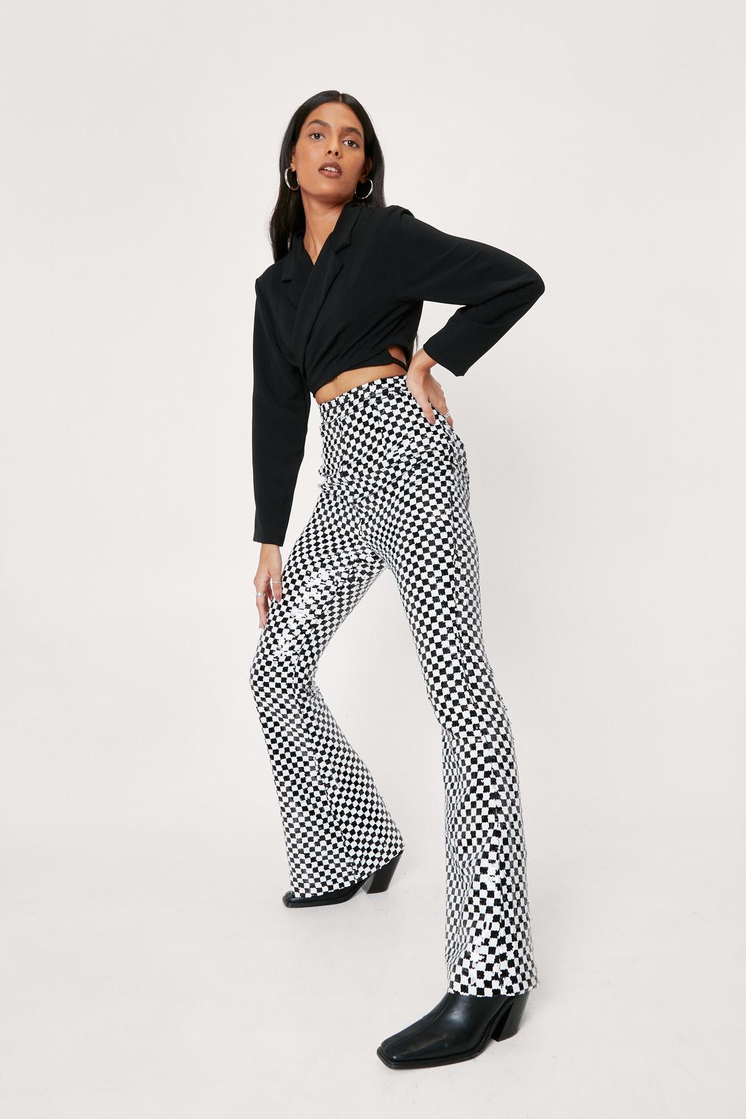 Plus Size Sequin Checkerboard Flare Pants