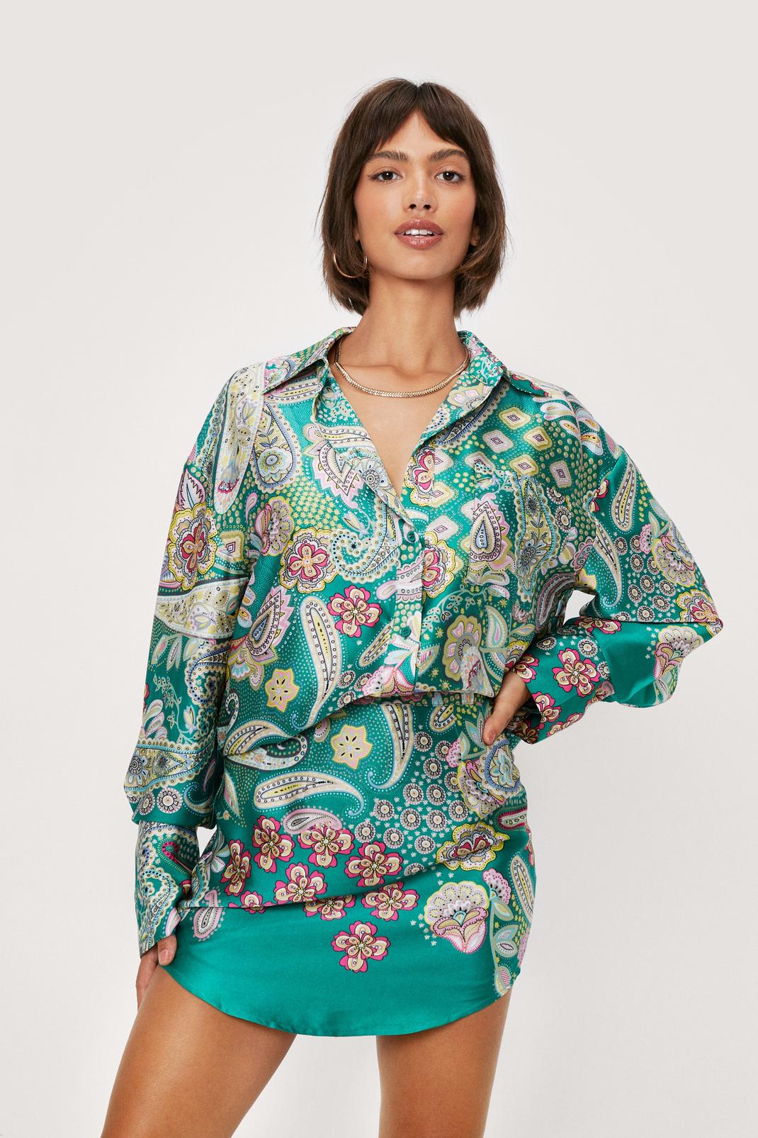 Green Oversized Button Down Paisley Print Shirt image number 1