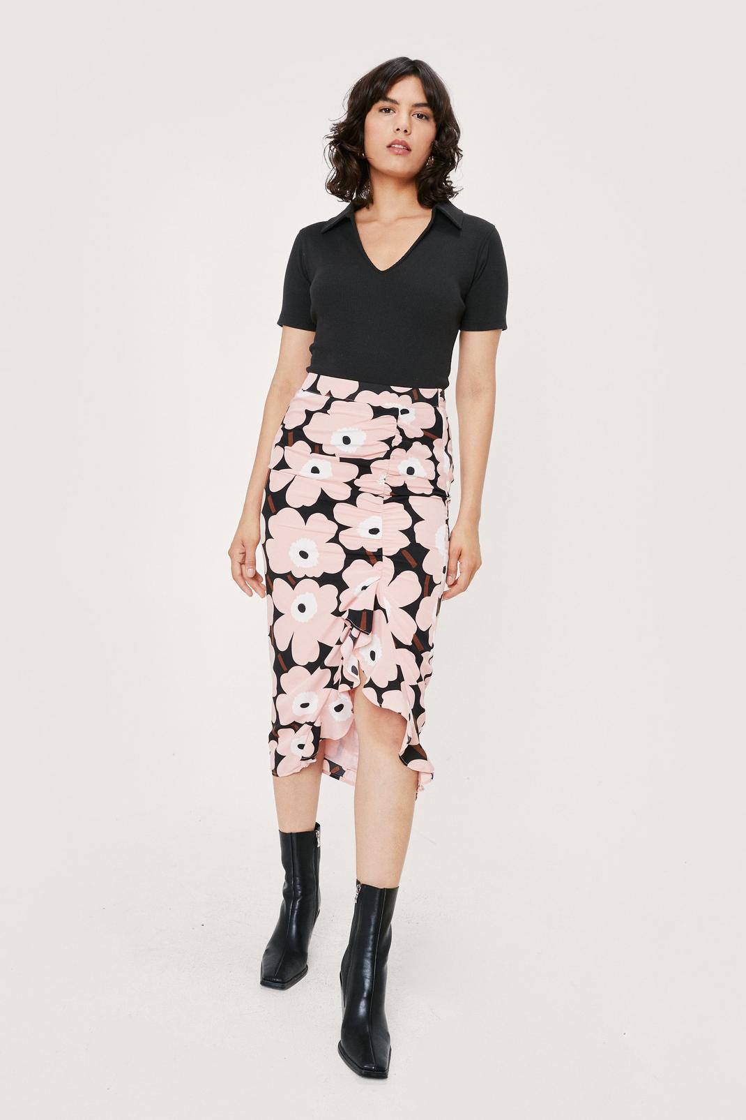 Baby pink Floral Print Ruched Midi Skirt image number 1