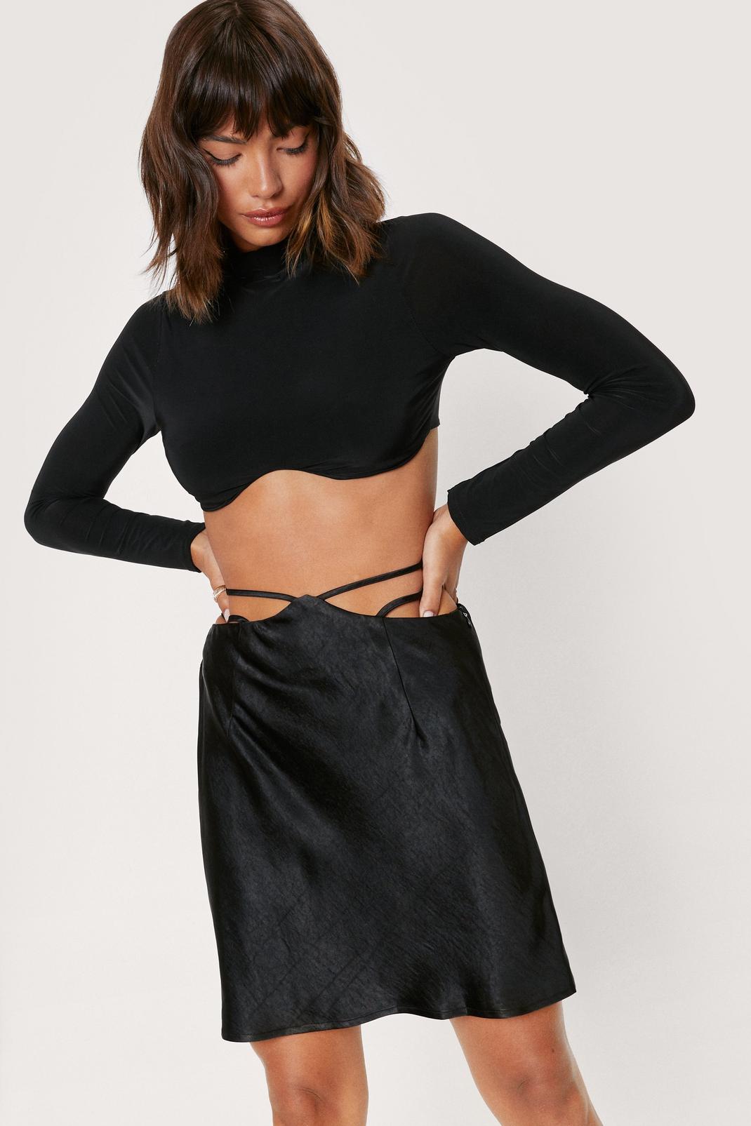 Black High Waisted Strappy Satin Mini Skirt image number 1