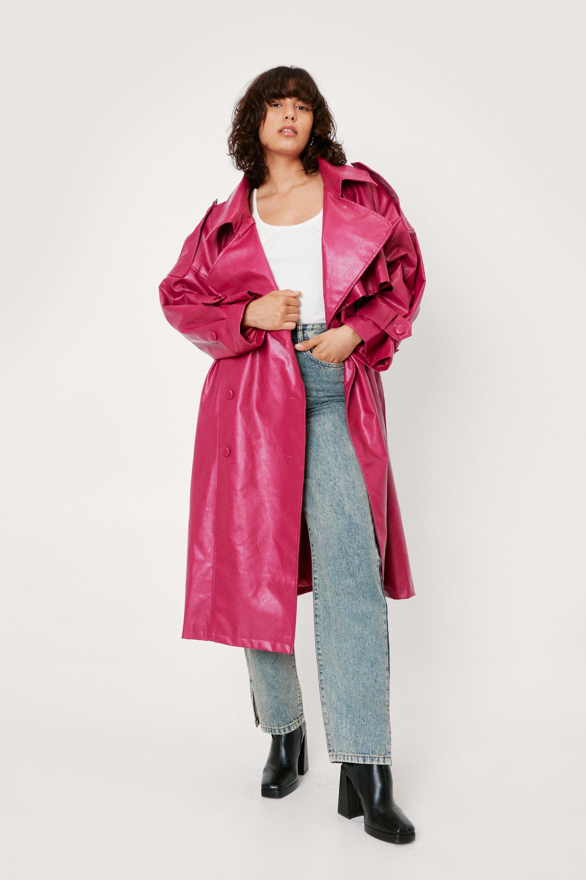 pink leather trench coat