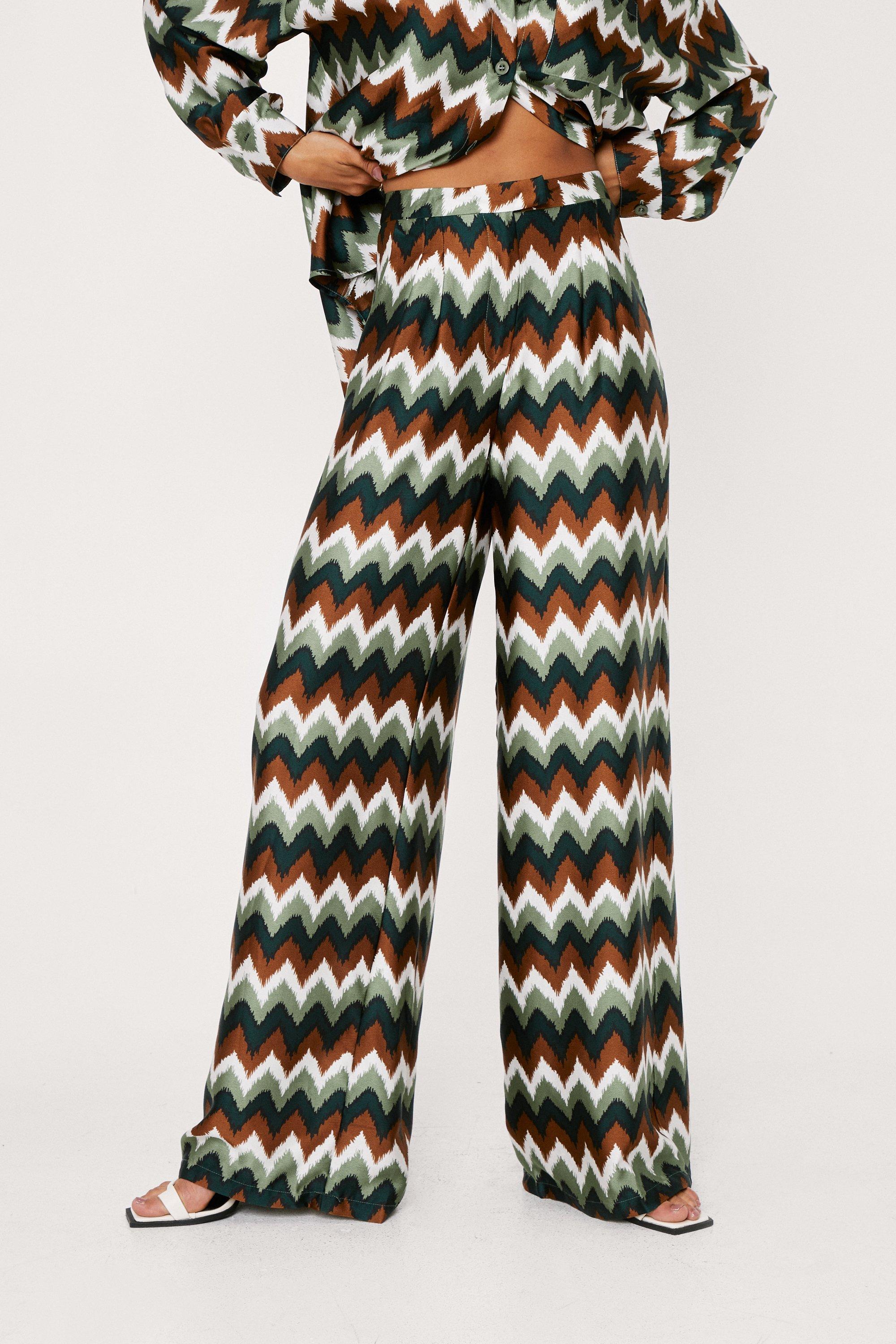 Zig Zag Print Satin Wide Leg Trousers