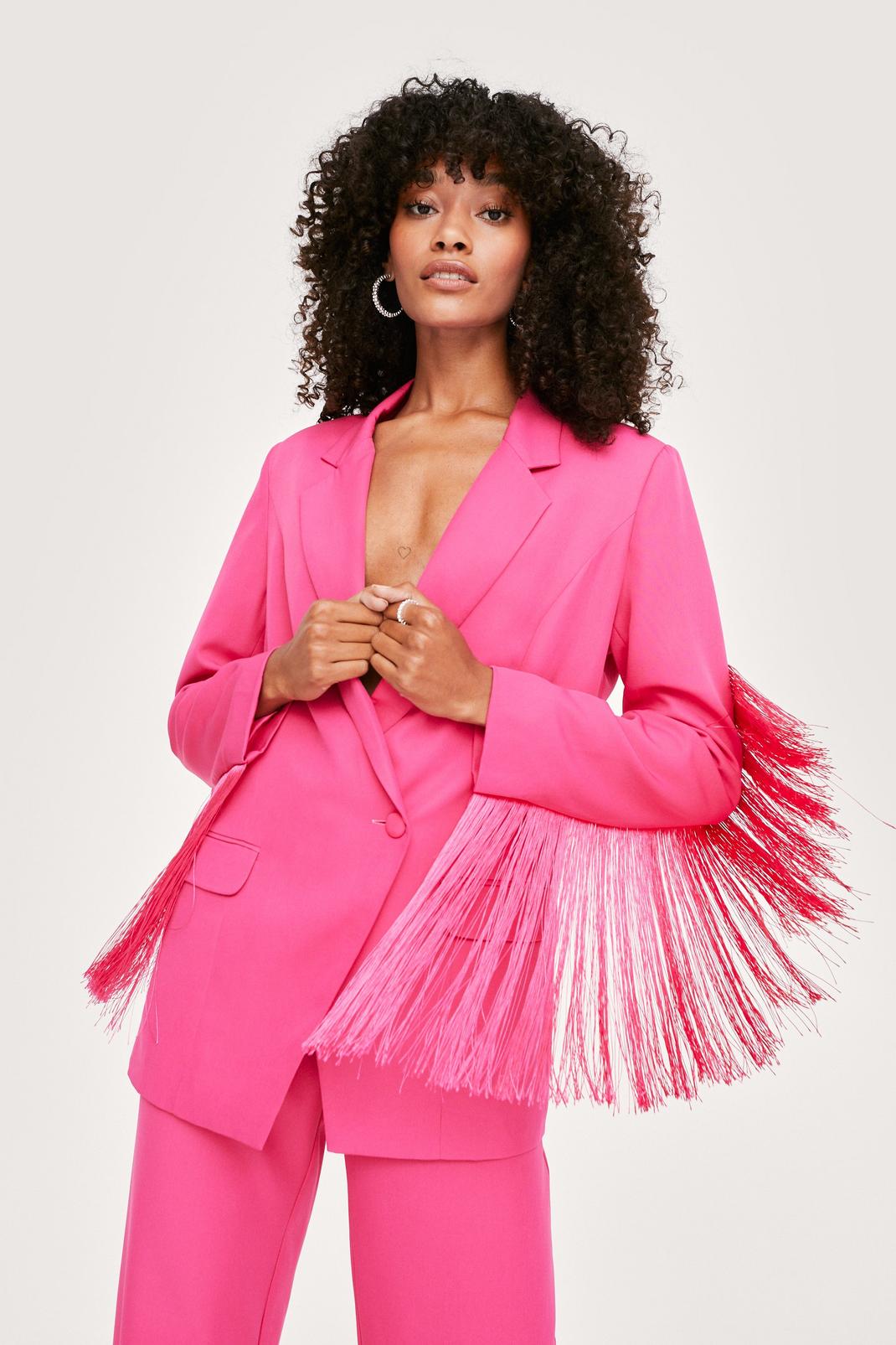 Hot pink Fringe Detail Tailored Longline Blazer image number 1