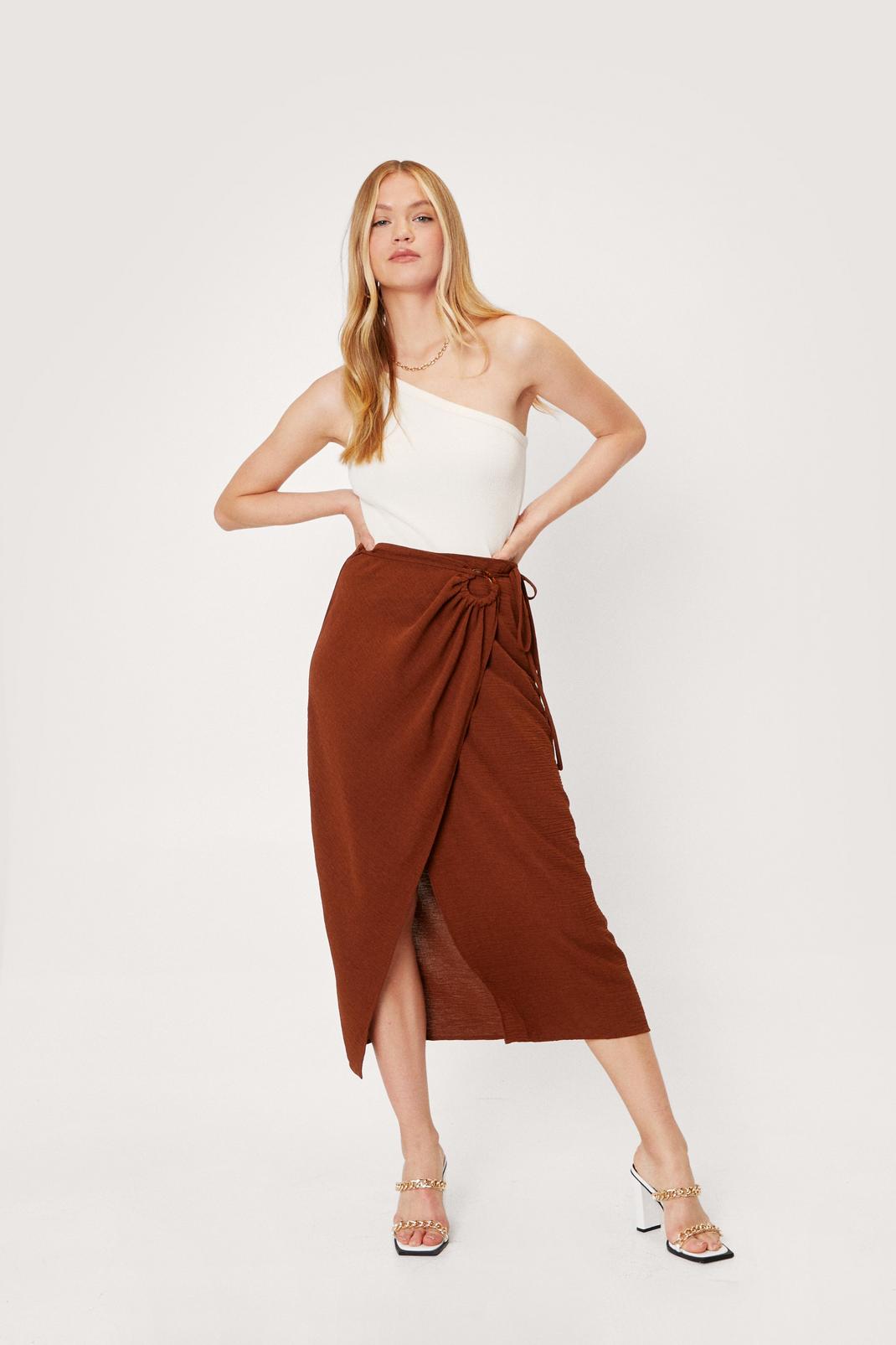 Choc brown Textured Wrap Ring Detail Midi Skirt image number 1