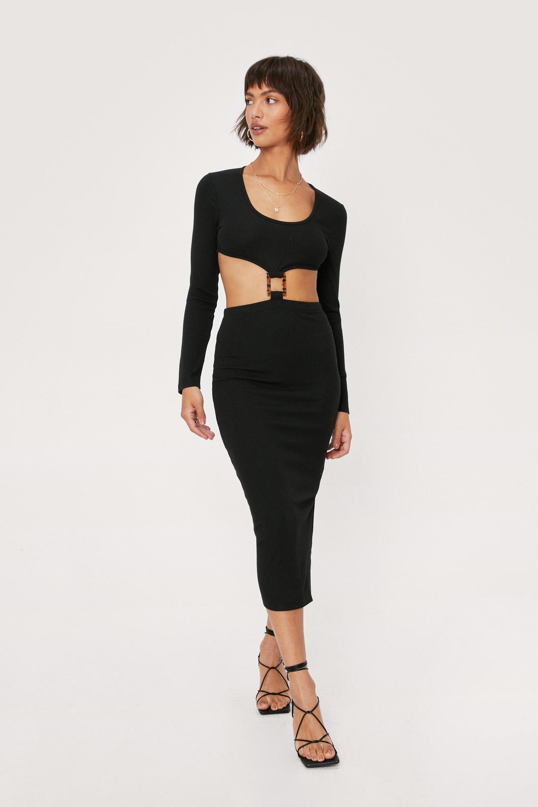 Black Bodycon Cut Out Midi Dress With Buckle Trim image number 1