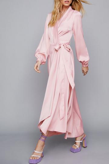 Pink Satin Long Sleeve Midi Wrap Dress