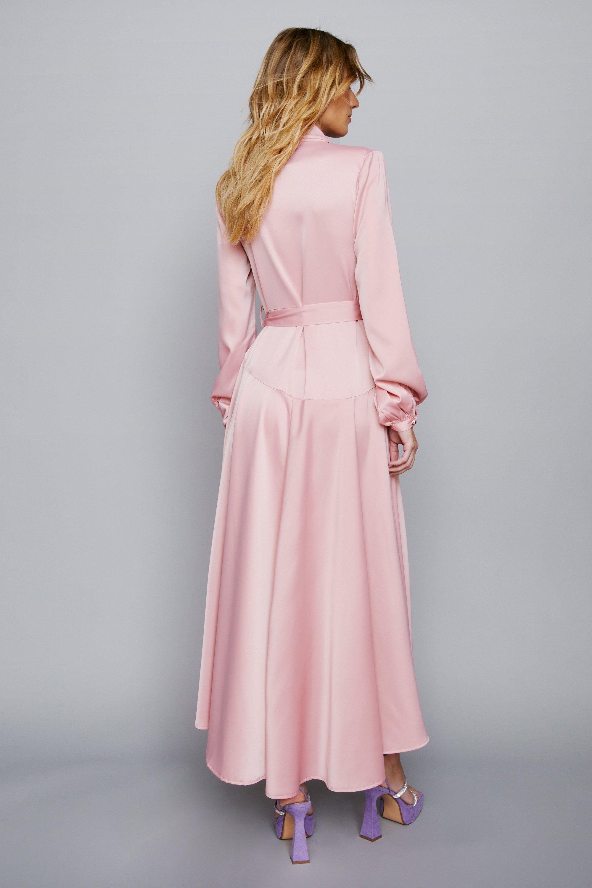 Pink long shop sleeve satin dress