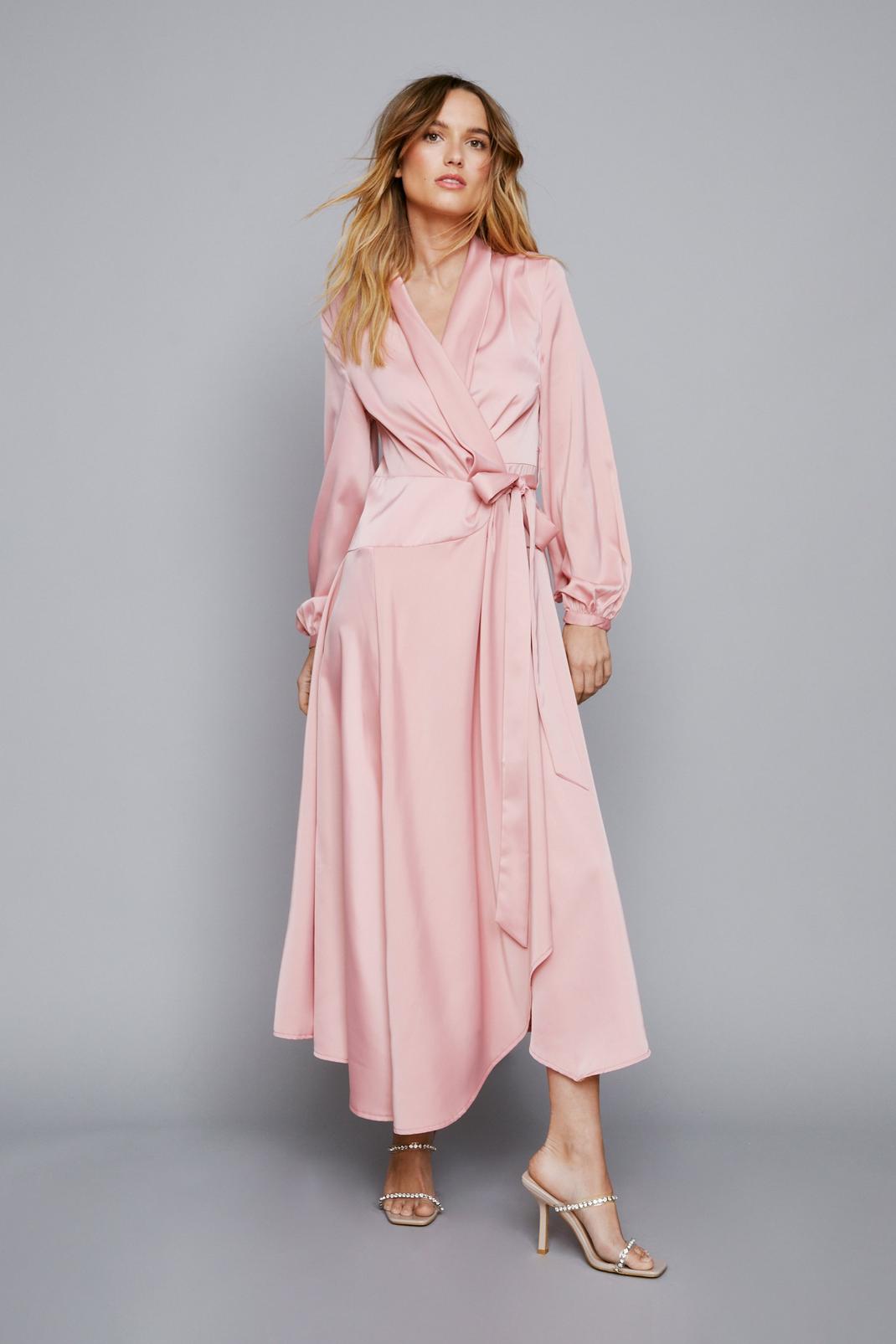 Rose Satin Long Sleeve Midi Wrap Dress image number 1