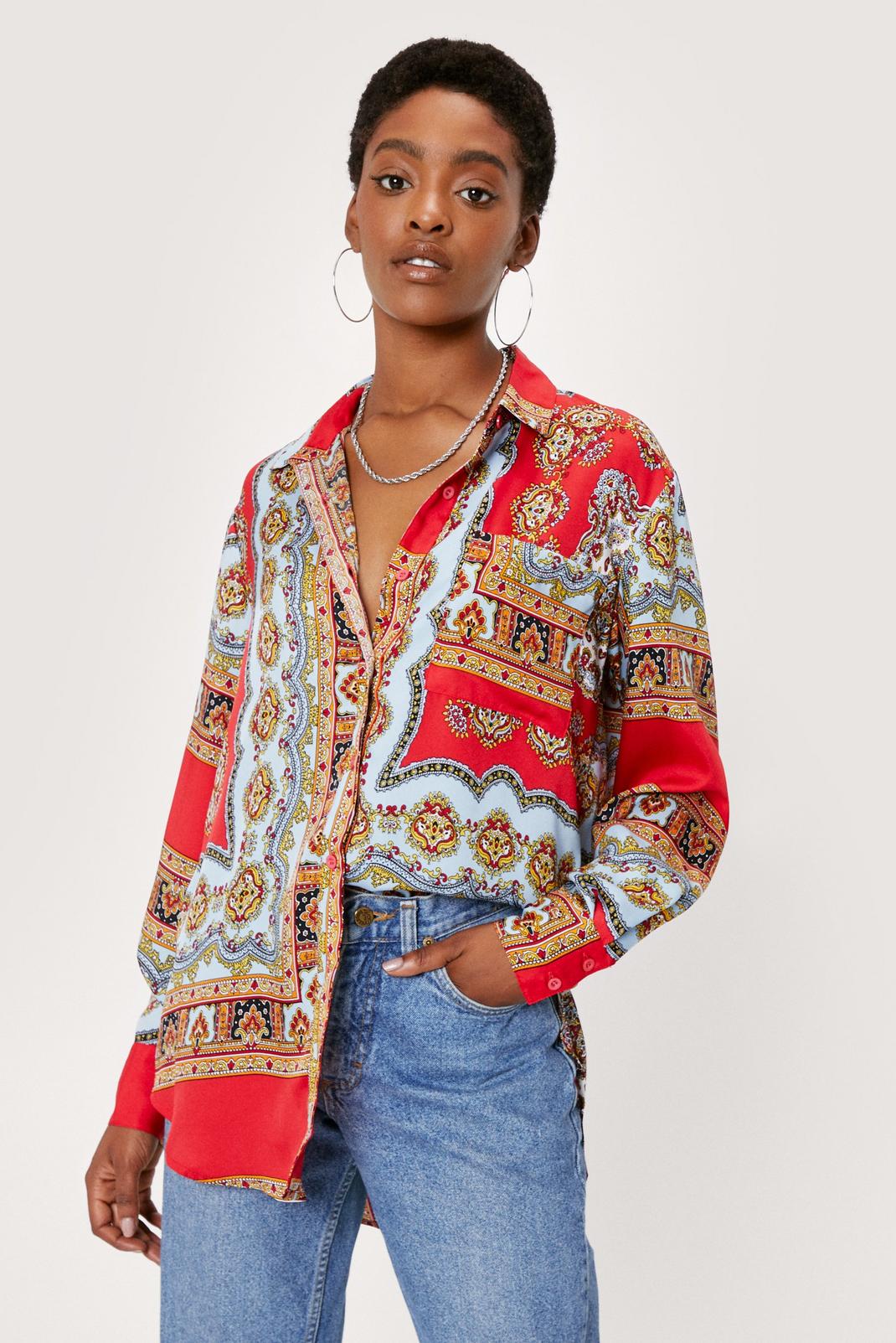 Red Scarf Print Satin Long Sleeve Shirt image number 1