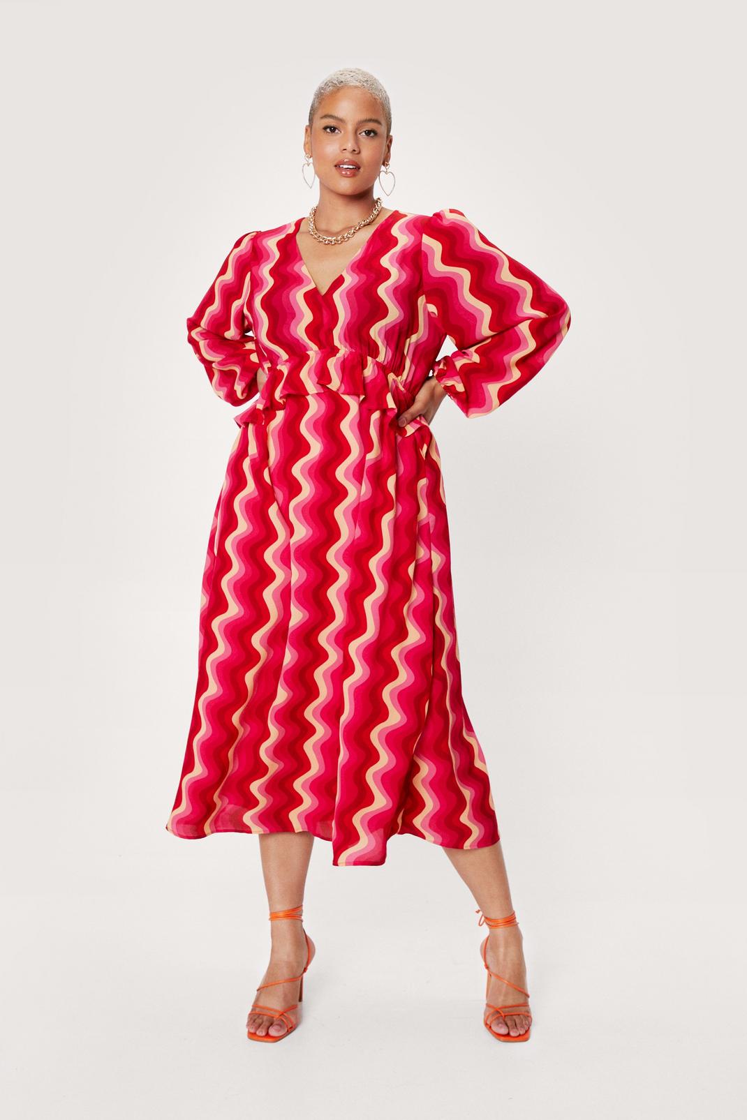 Pink Plus Size Wave Print Ruffle Midi Dress image number 1
