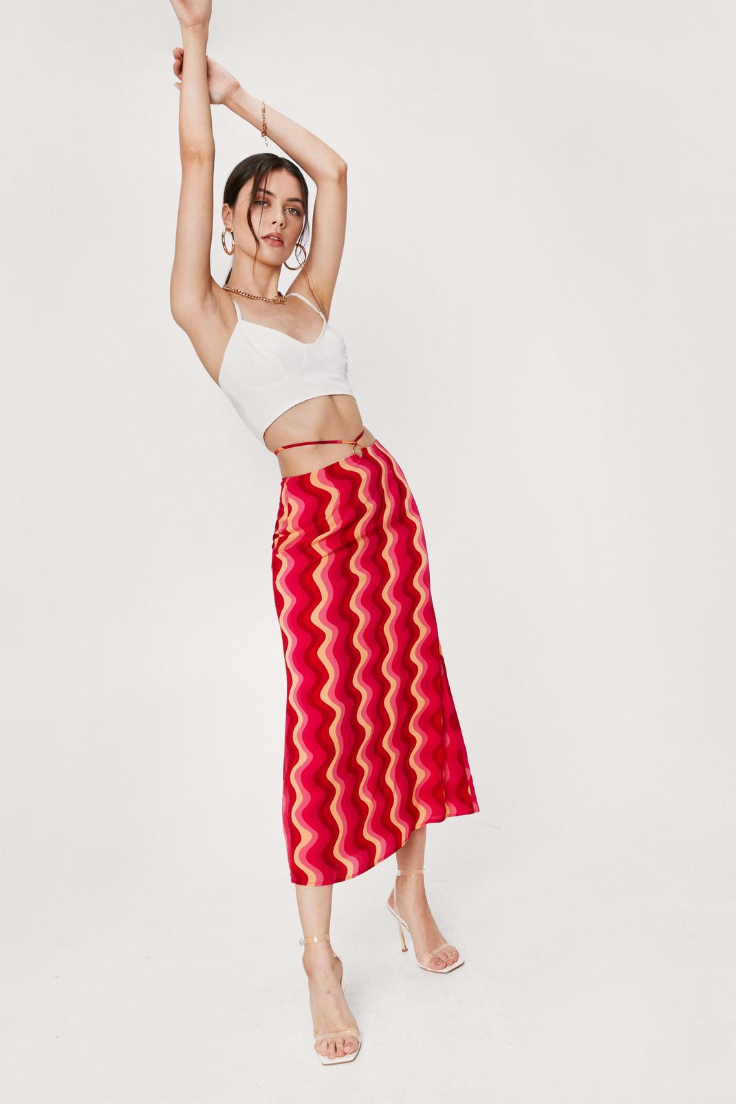 Bright pink Strappy O Ring Detail Wave Print Midi Skirt image number 1