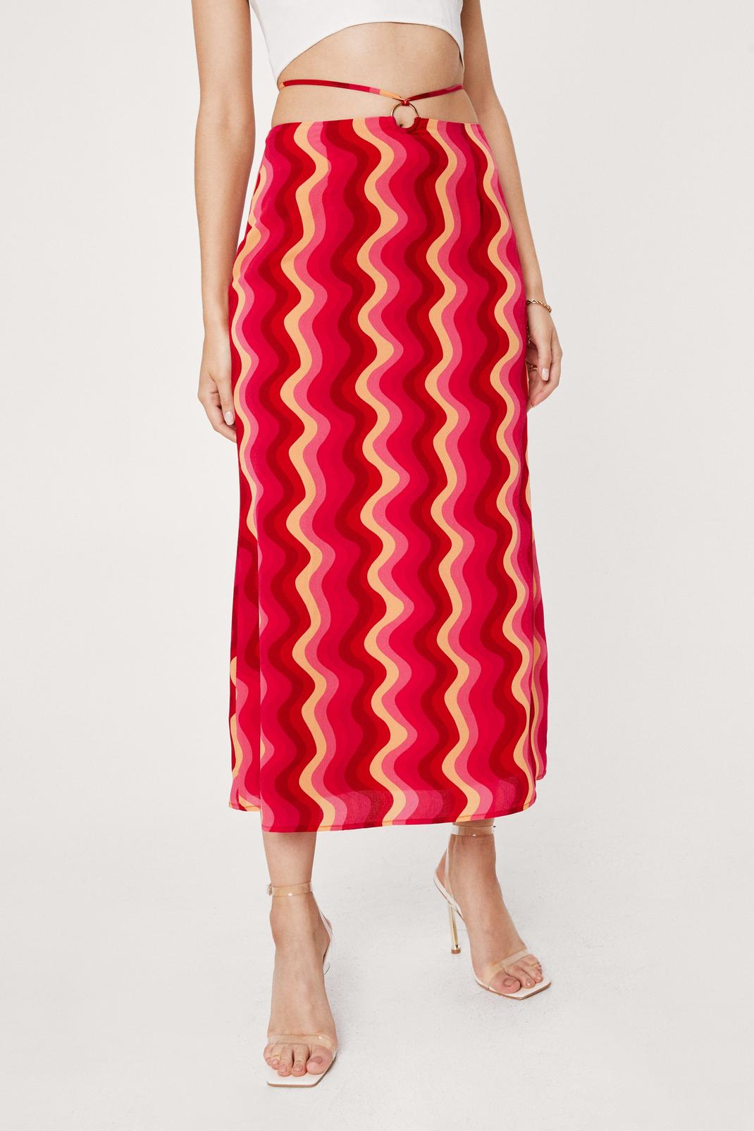 658 Strappy O Ring Detail Wave Print Midi Skirt image number 2