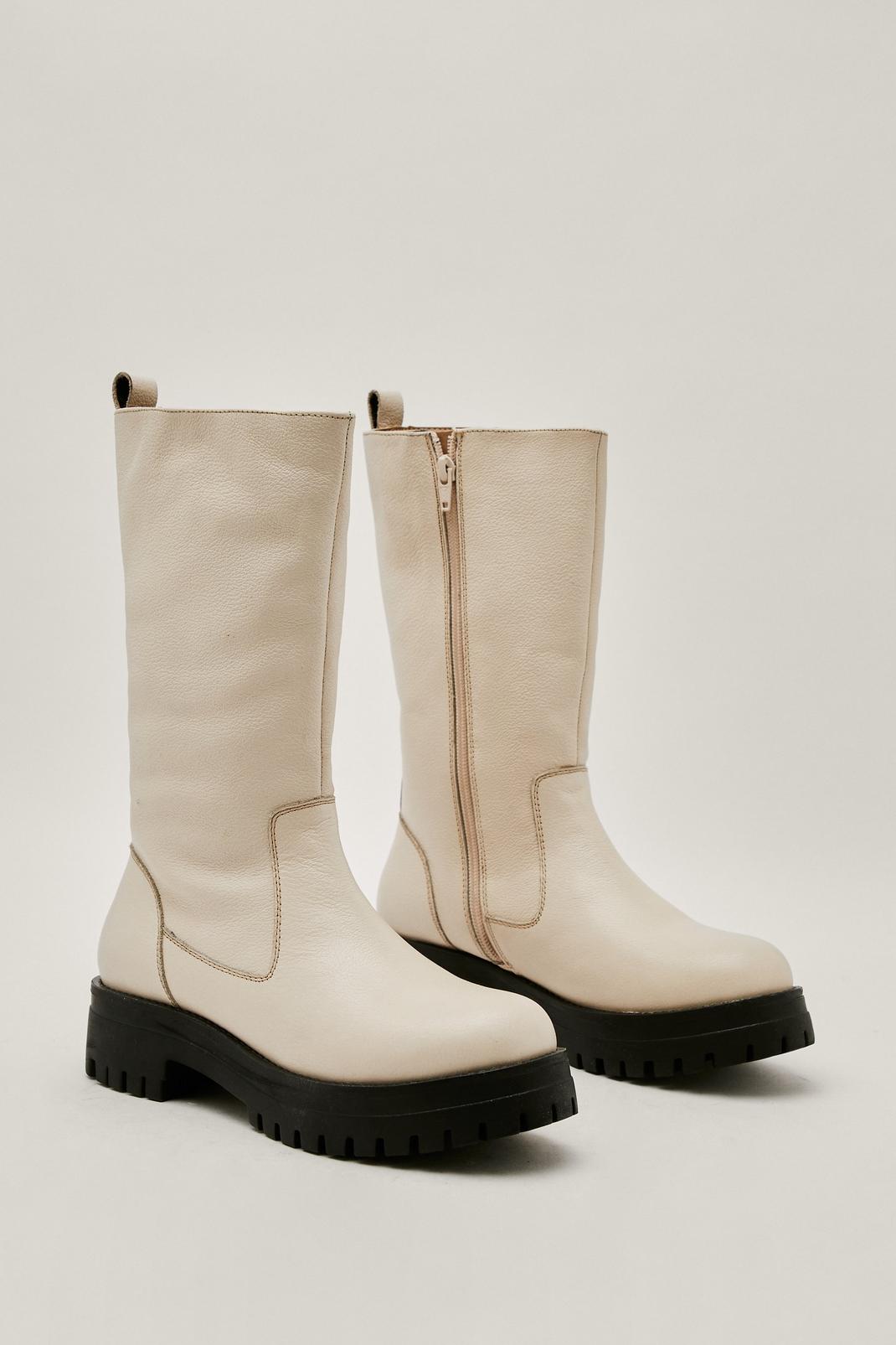 Beige Faux Leather Contrast Sole Calf High Boots image number 1