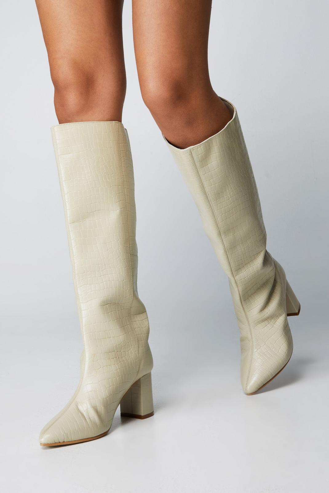 Beige Real Leather Pointed Knee High Boots image number 1