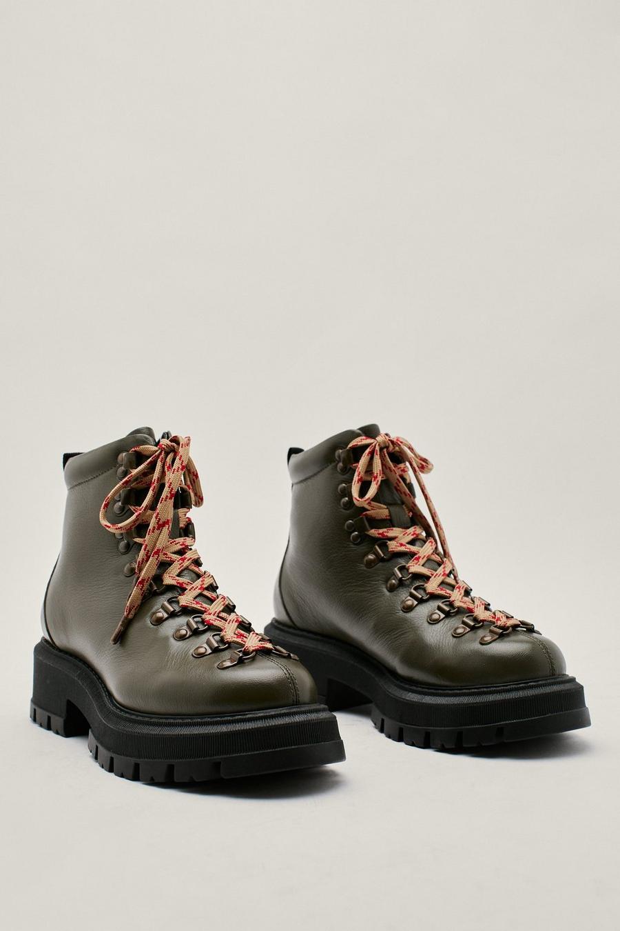 Contrast Lace Chunky Real Leather Hiker Boots