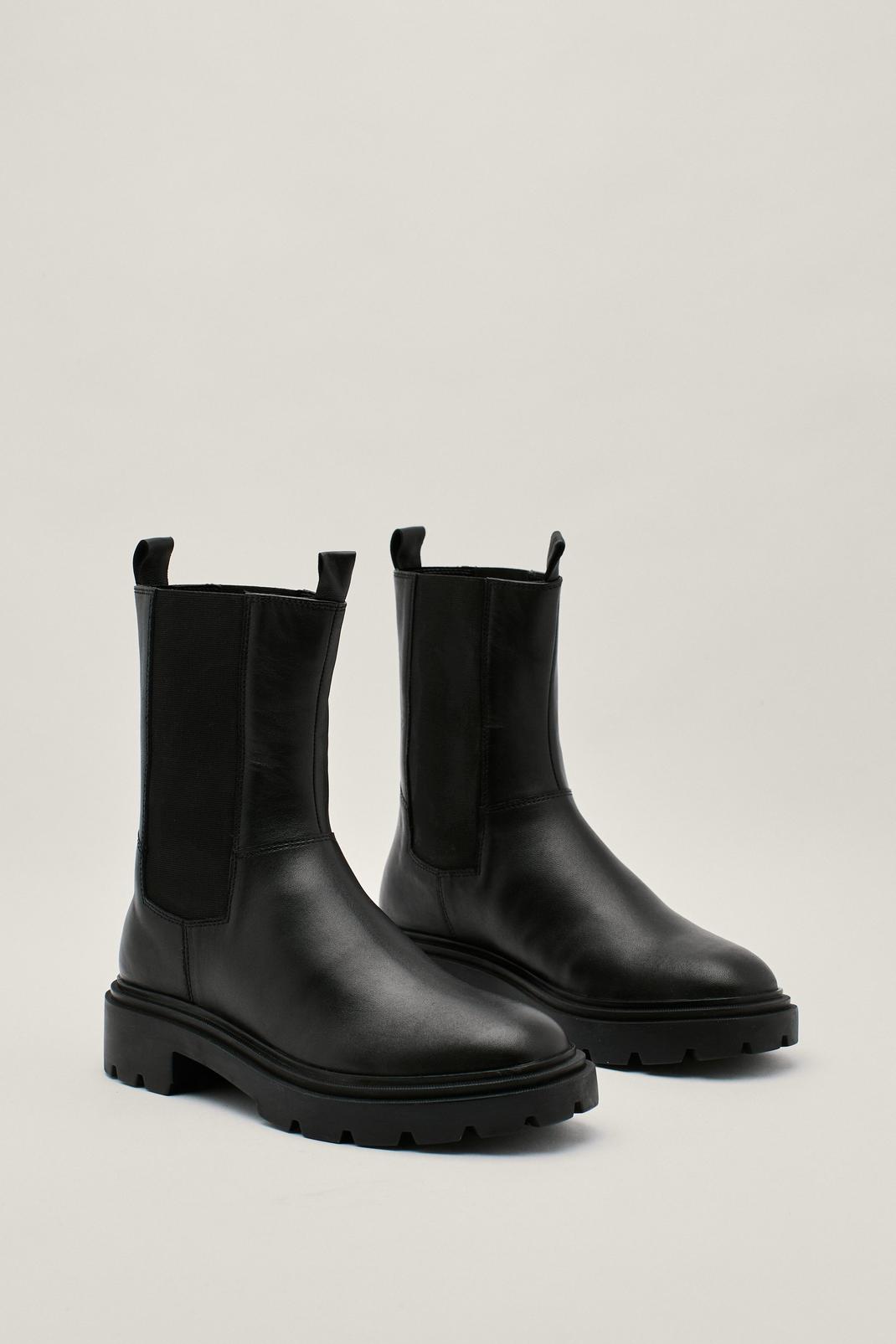 Black Real Leather Chunky Block Heel Chelsea Boots image number 1