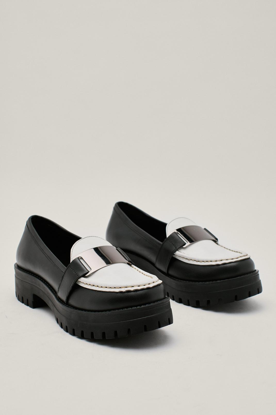 Black Leather Contrast Metal Chunky Loafers image number 1