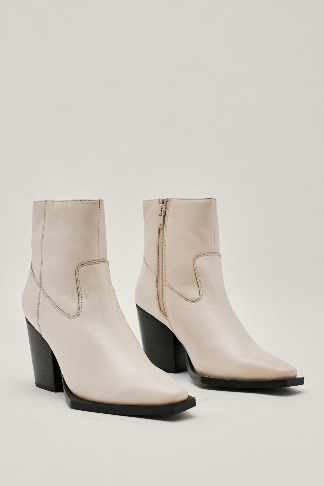 Beige Contrast Pointed Real Leather Western Ankle Boots image number 1
