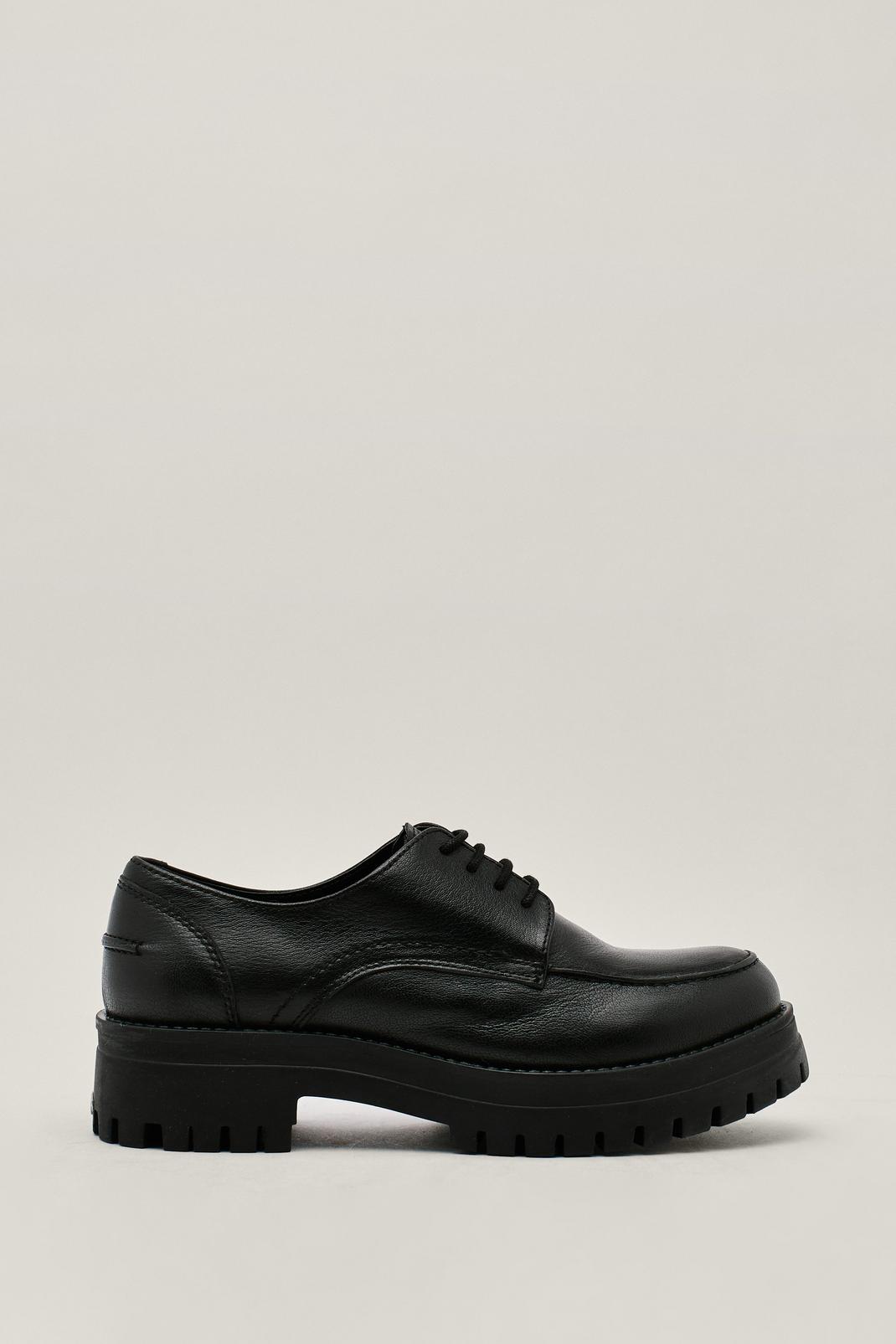 Black Real Leather Lace Up Chunky Cleated Shoes image number 1