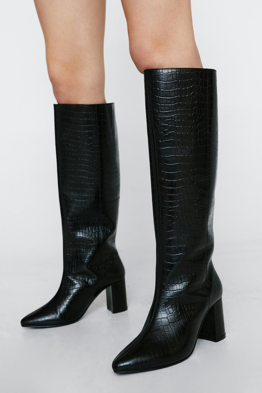 105 Real Leather Pointed Knee High Block Heel Boots image number 2