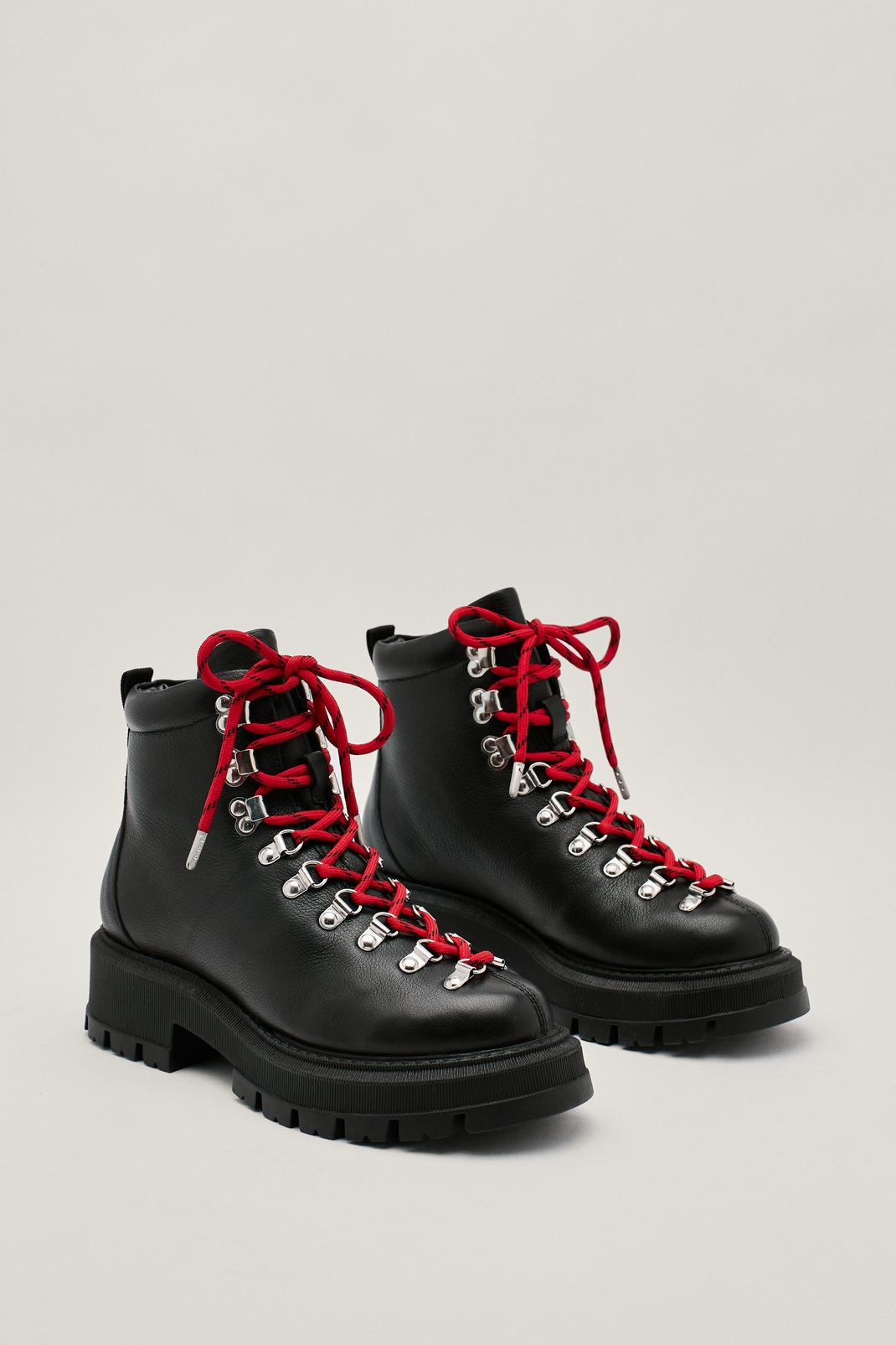 Black Real Leather Contrast Lace Up Hiker Boots image number 1