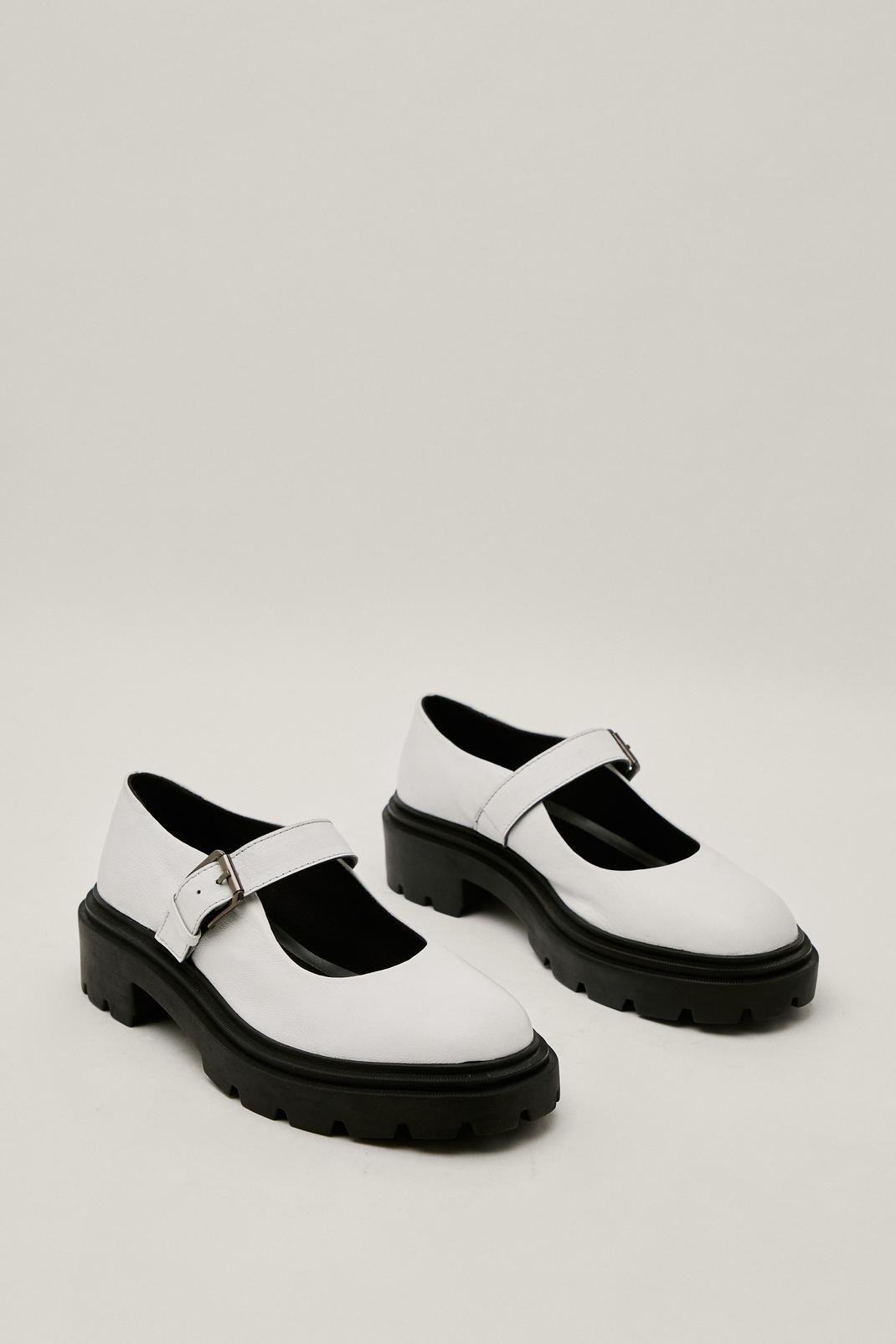 White Real Leather Chunky Mary Jane Shoes image number 1