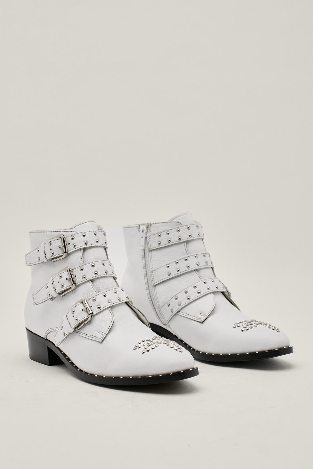 White Leather Pin Stud Triple Buckle Cowboy Boots image number 1