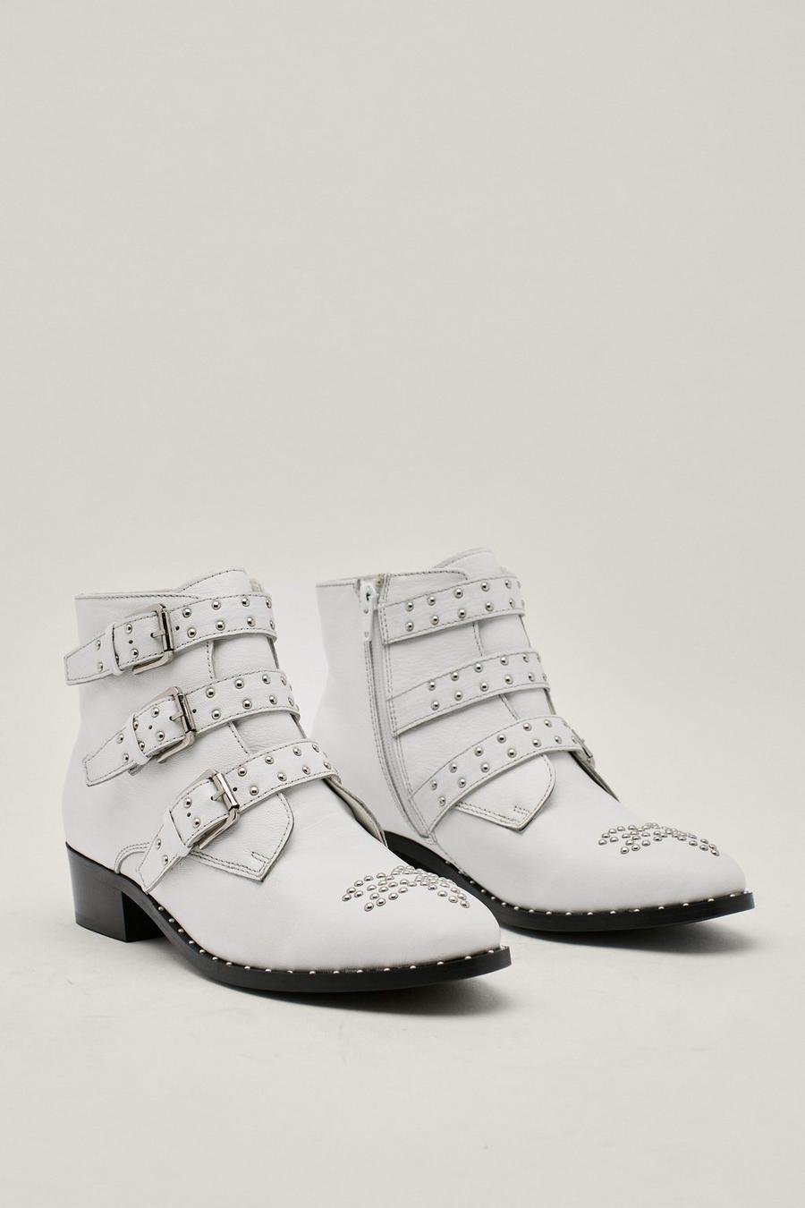 Leather Pin Stud Triple Buckle Western Boots