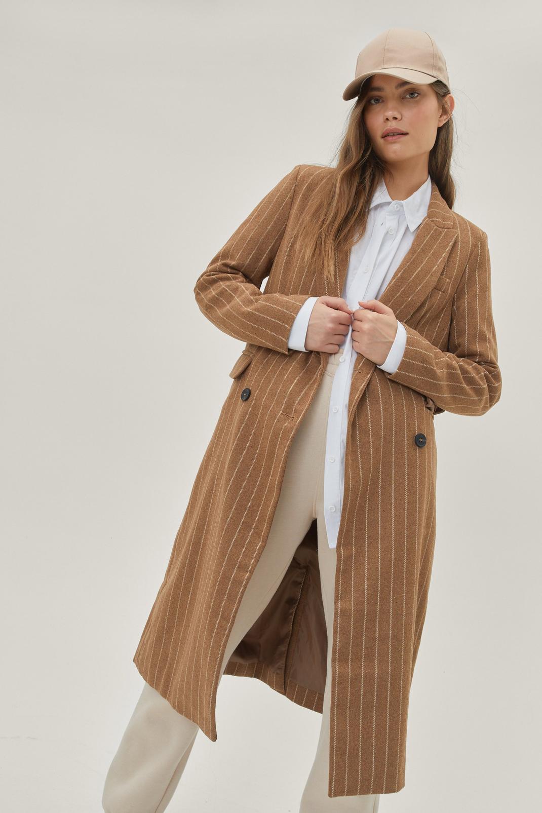 Tan Striped Wool Look Belted Coat image number 1