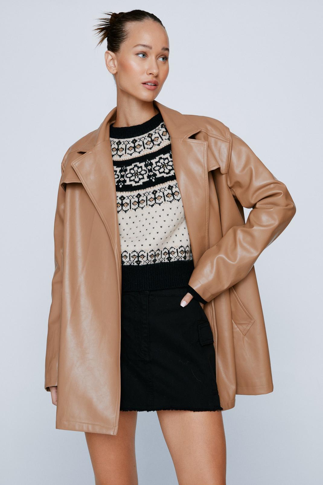 Taupe Faux Leather Relaxed Trench Jacket image number 1