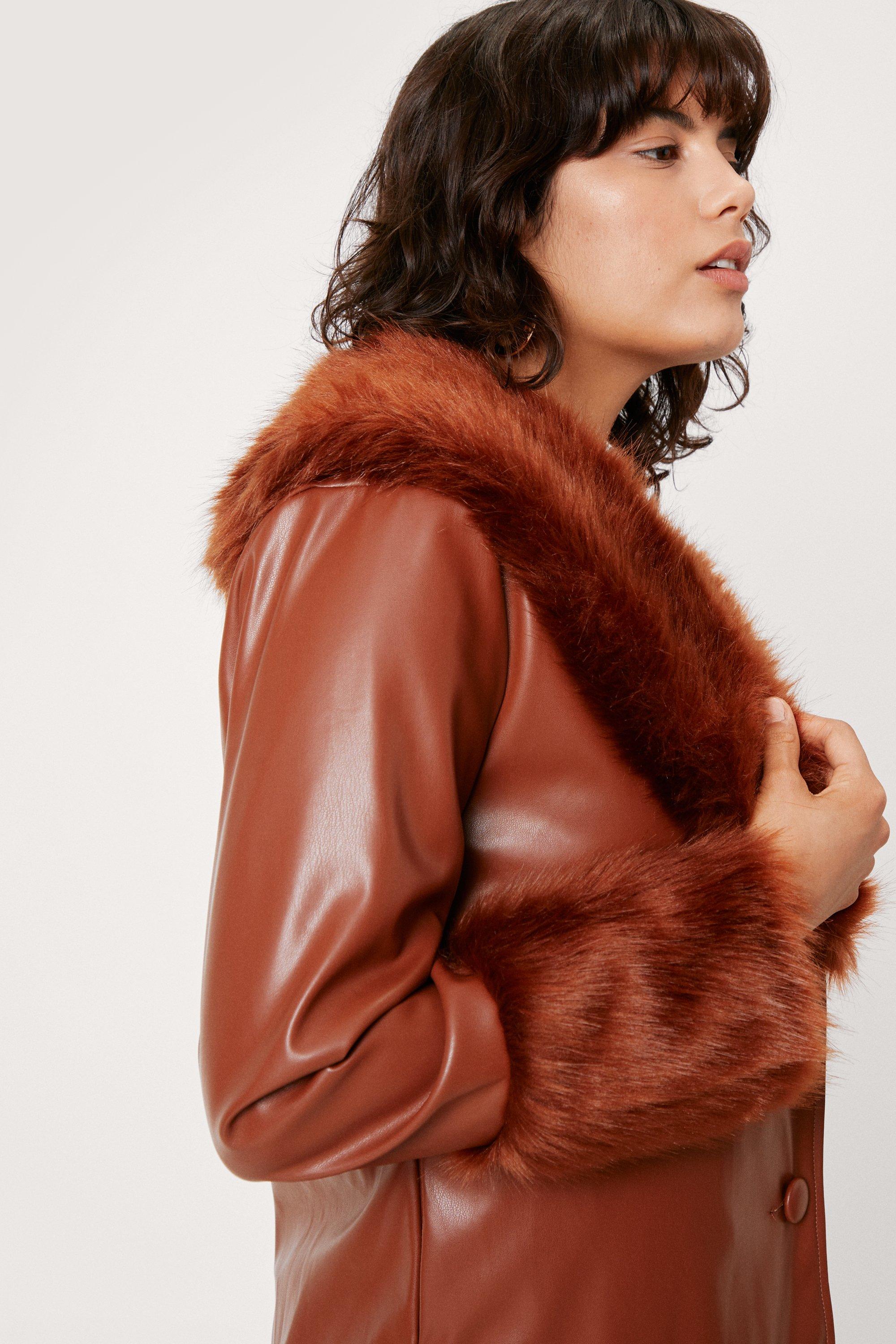 faux fur trimmed faux leather blazer