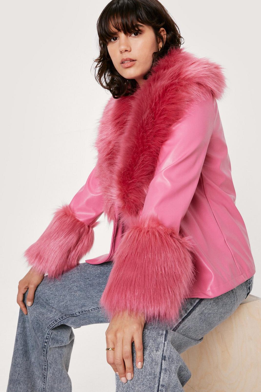 Pink Faux Fur Trimmed Faux Leather Blazer image number 1