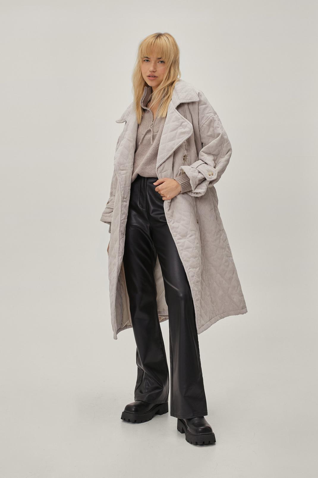 Grey Quilted Oversized Mac Coat With Belt image number 1
