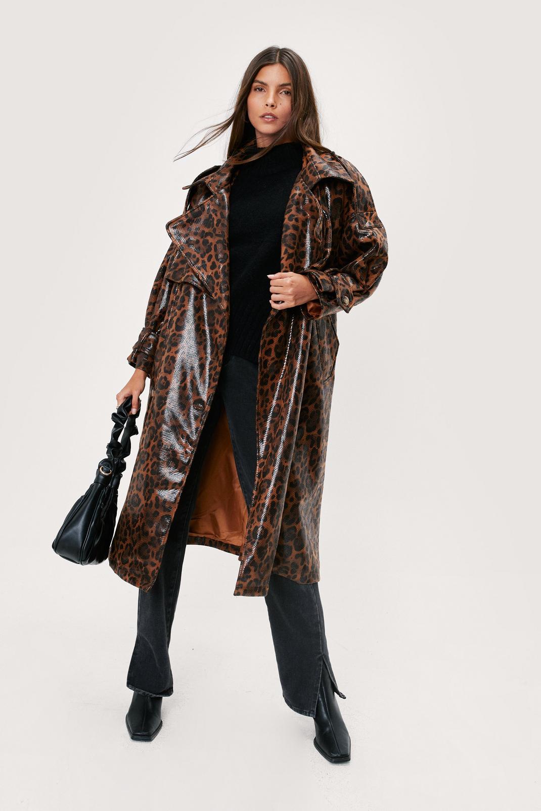 Brown Faux Leather Leopard Oversized Trench Coat image number 1