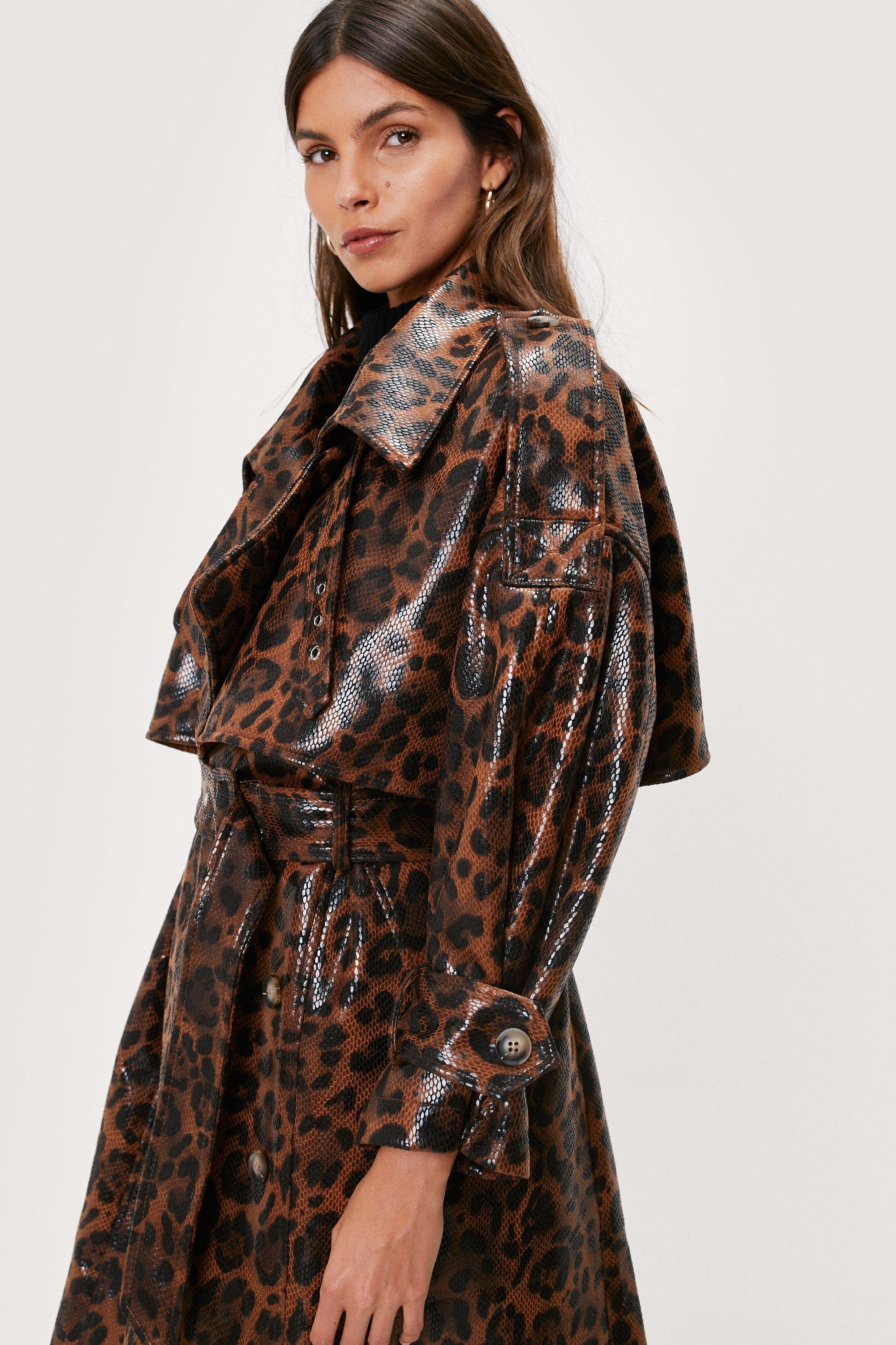 Luxury Leopard Print Belted Lapel Leather Longline Trench Coat - Coffe –  Luxedress