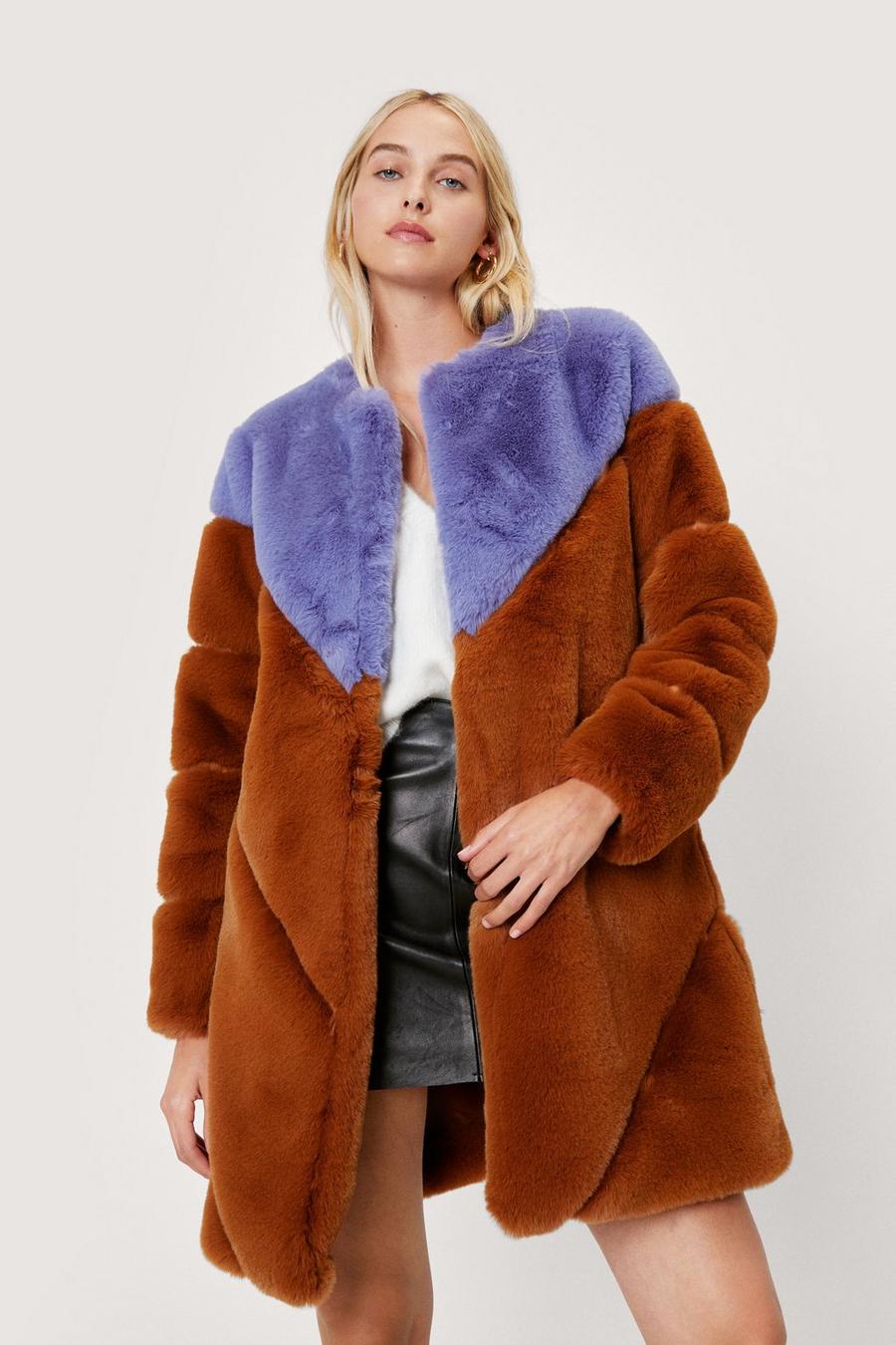Two Tone Faux Fur Longline Coat