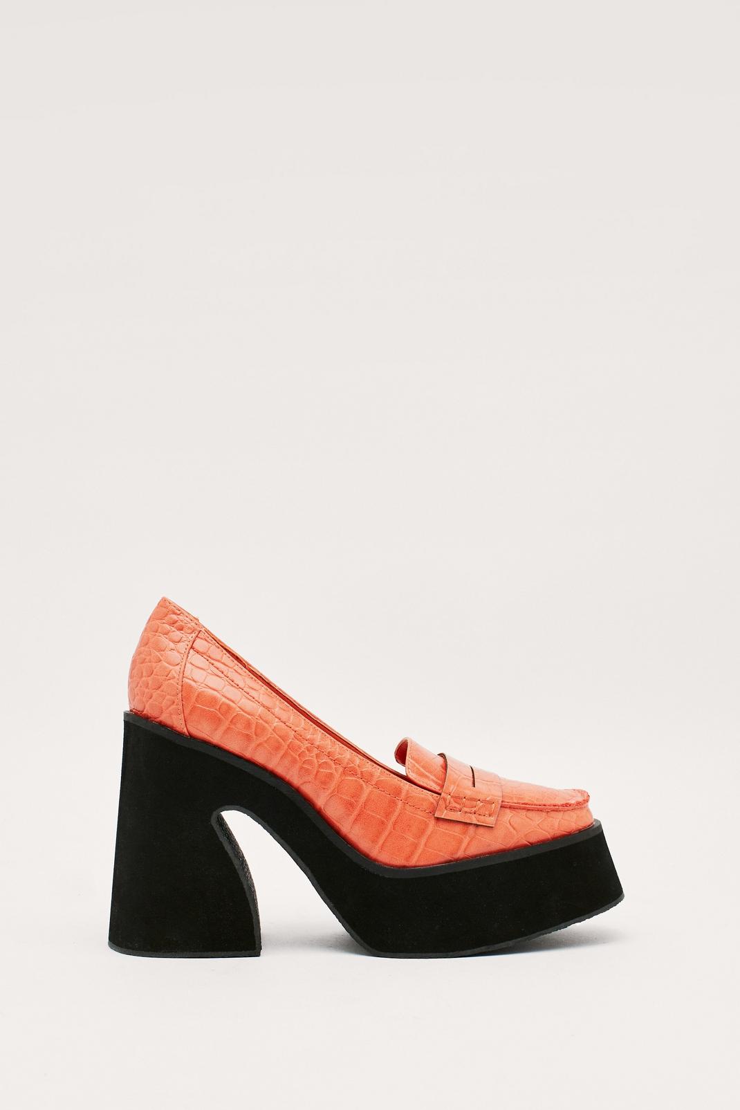 Orange Faux Leather Croc Platform Flare Heel Loafers image number 1
