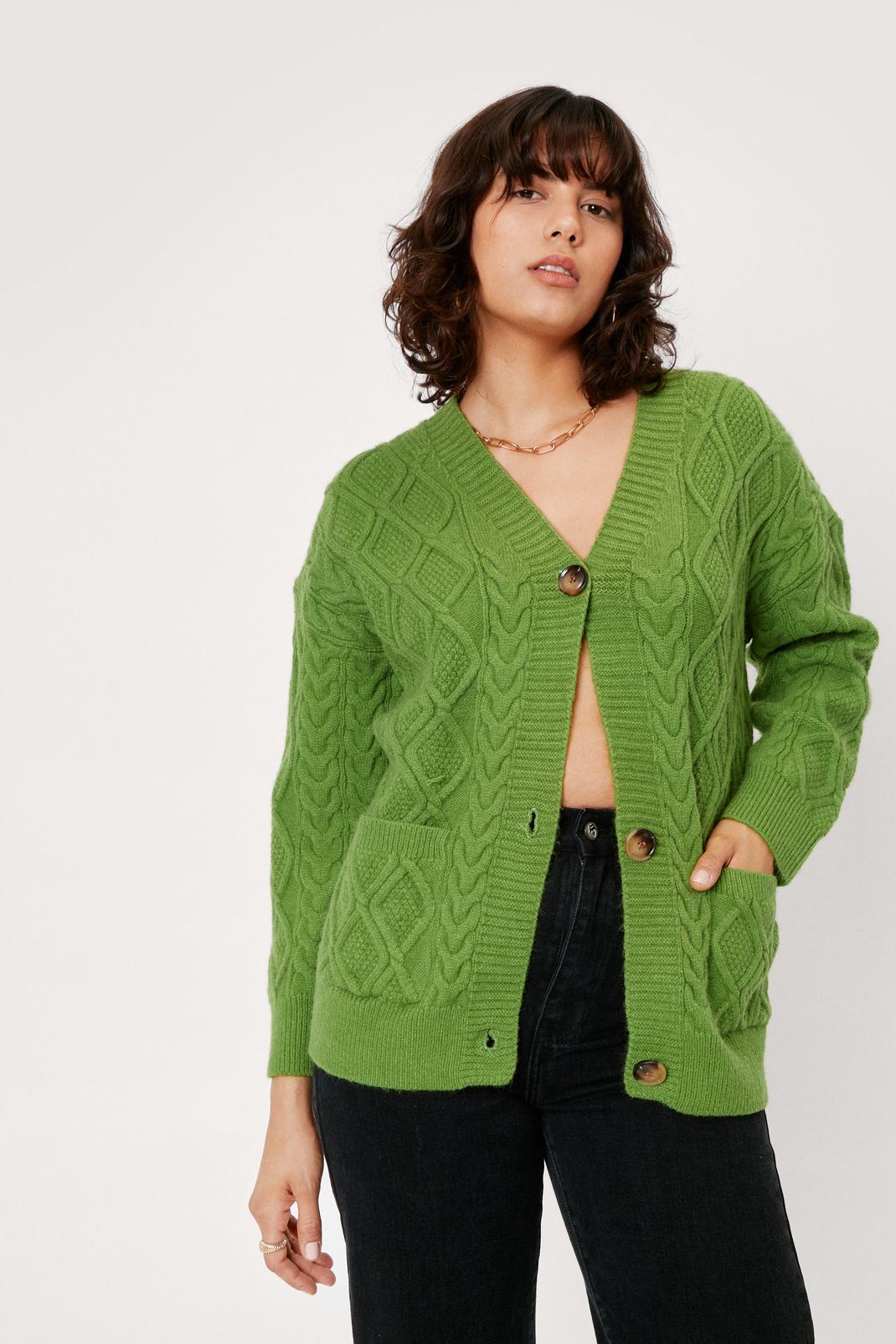 Green Chunky Cable Pocket Button Cardigan image number 1
