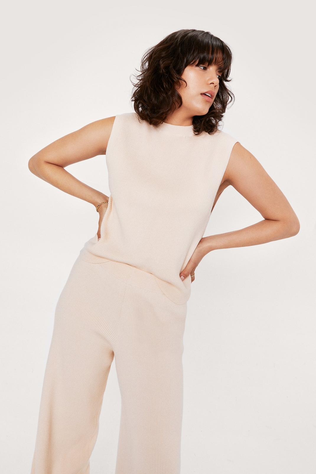 Oatmeal Knitted Sleeveless Jumper and Wide Leg Pants Set image number 1