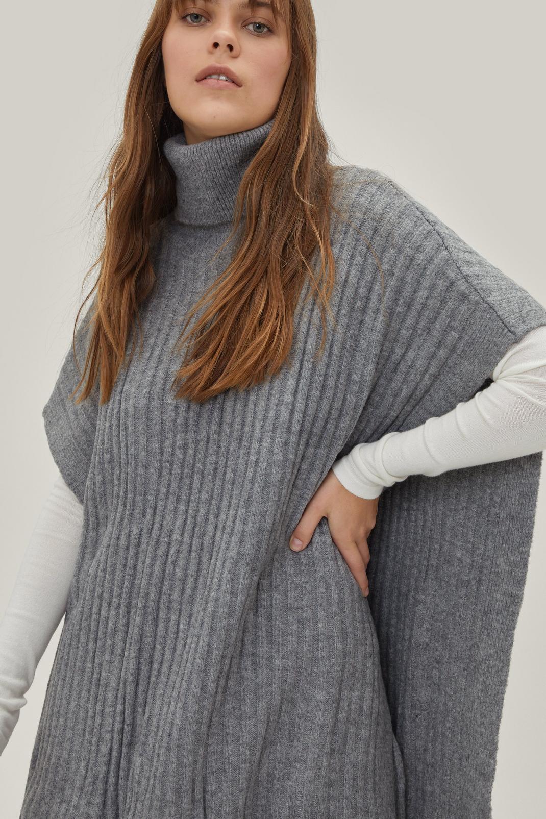 Grey Roll Neck Soft Knitted Maxi Poncho Jumper image number 1