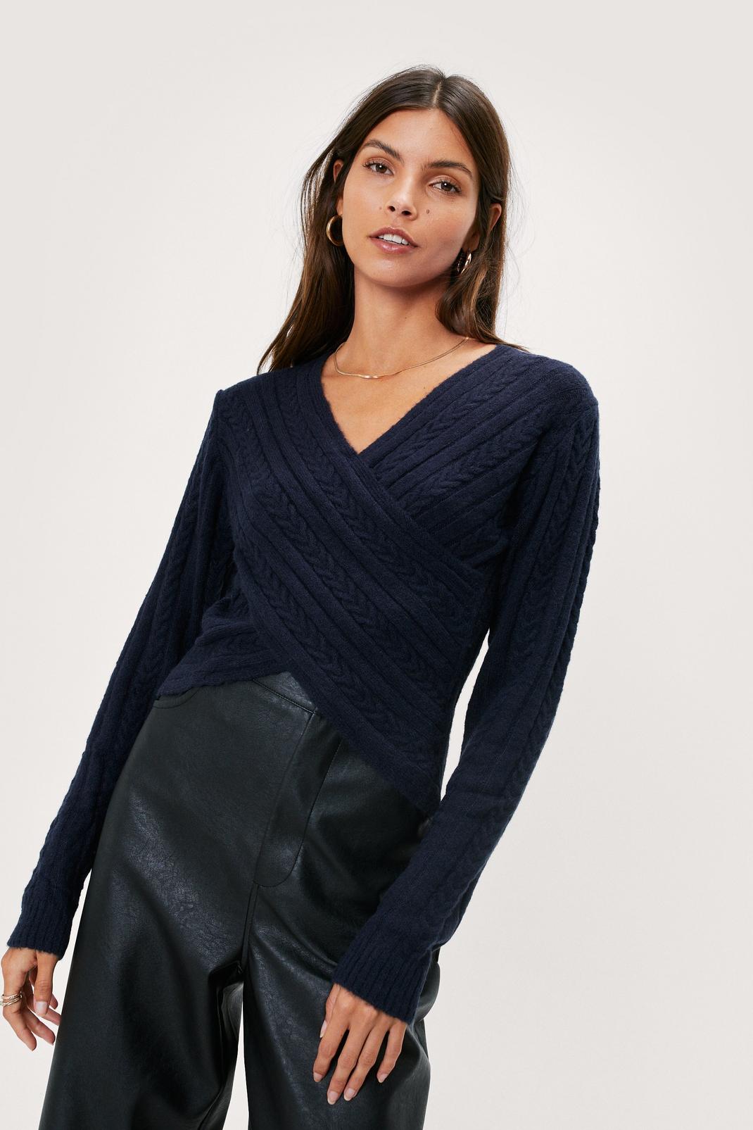 Navy Wrap Front Cable Knit Jumper image number 1