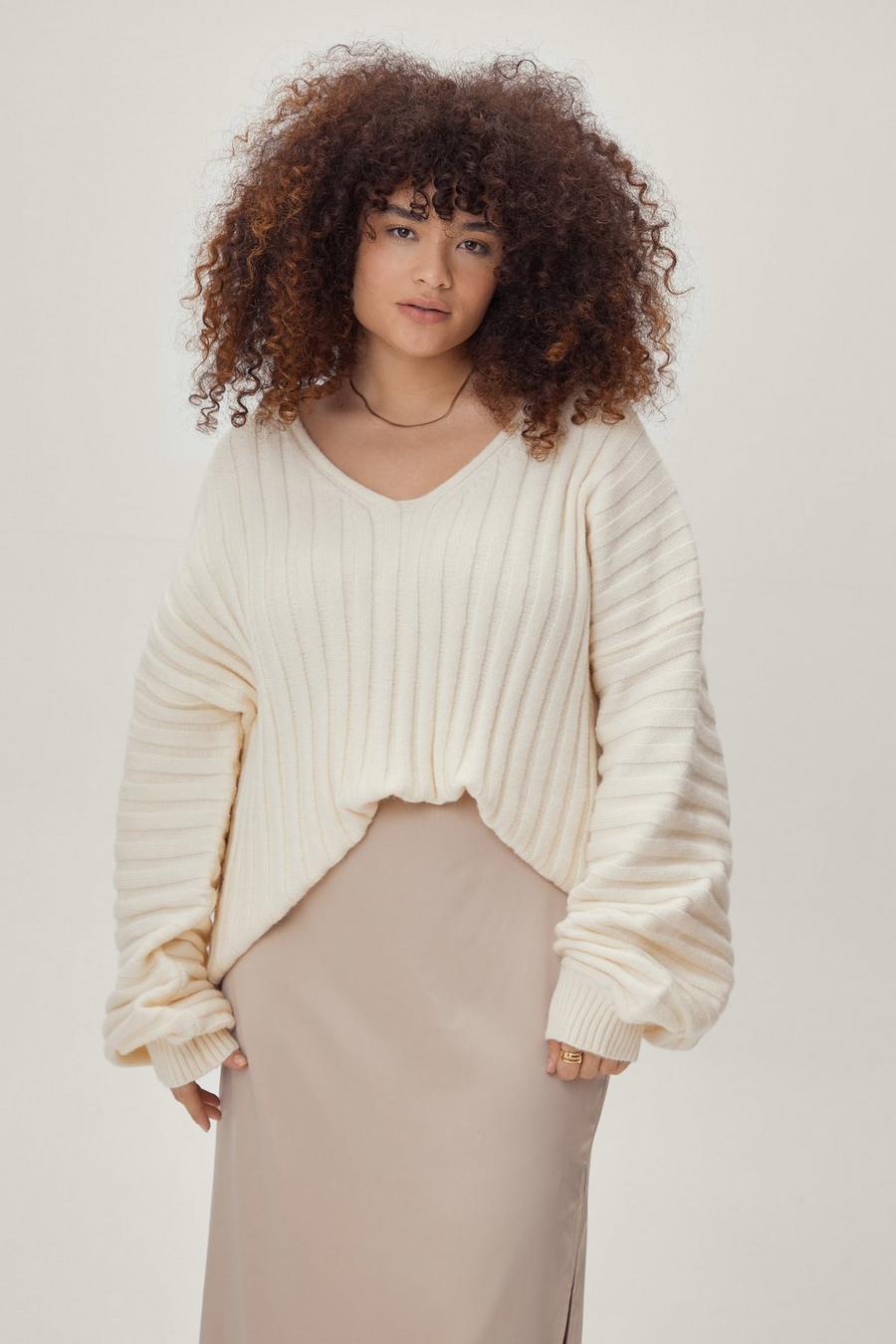 Plus Size V Neck Balloon Sleeve Knitted Jumper